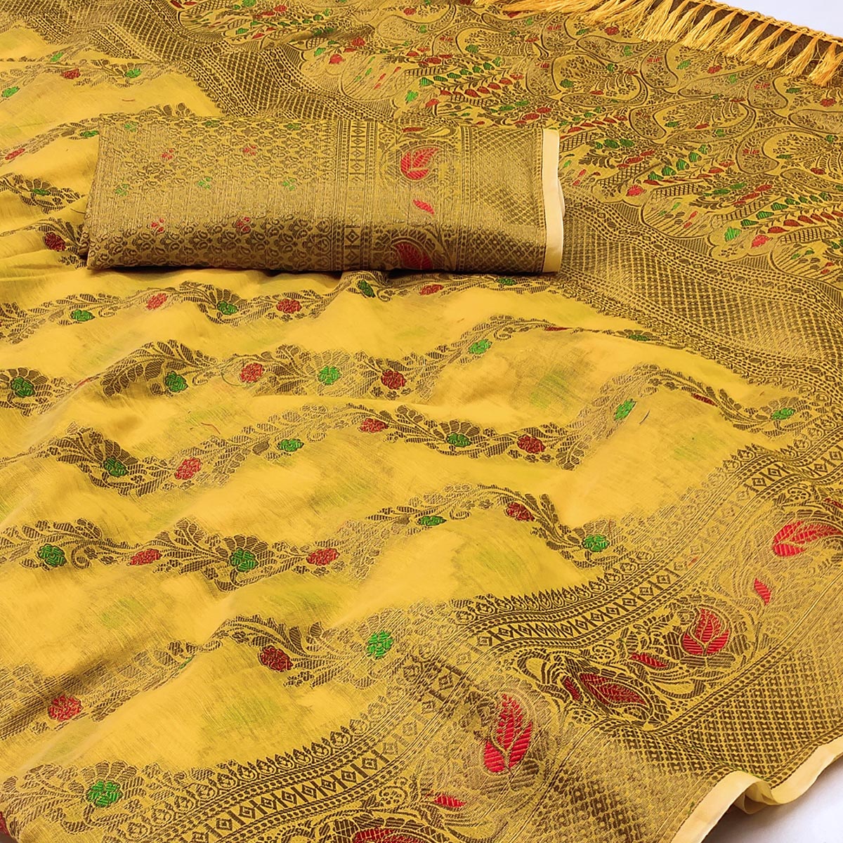 Yellow Woven Cotton Blend Saree With Tassels