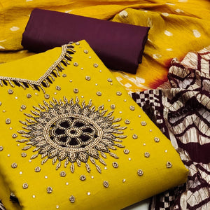 Yellow Pearl Handwork Cotton Slub Dress Material
