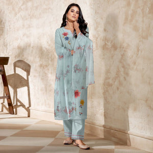 Light Blue Floral Embroidered Viscose Suit
