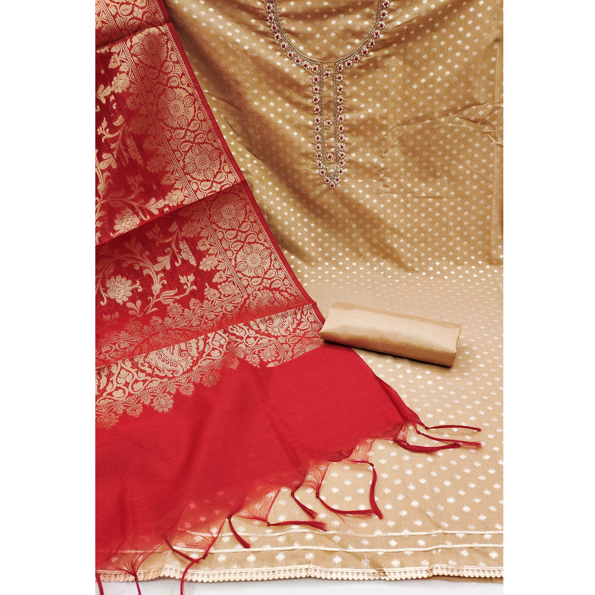 Light Brown Woven Banarasi Silk Dress Material