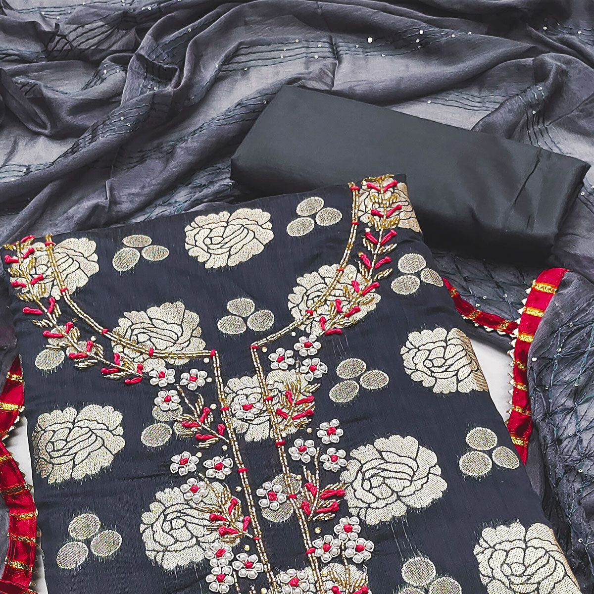 Grey Woven Banarasi Silk Dress Material
