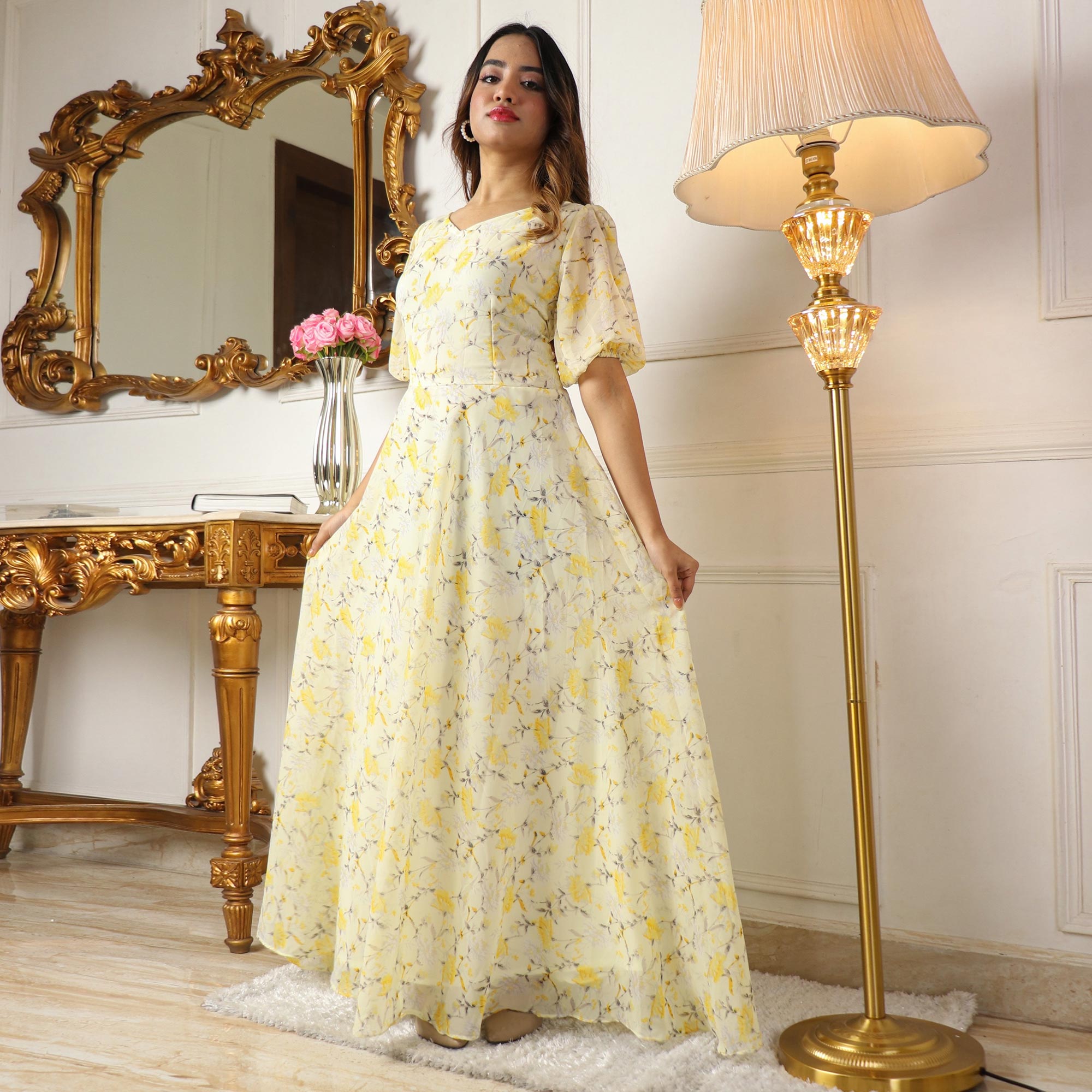 Light Lemon Yellow Floral Printed Georgette Gown