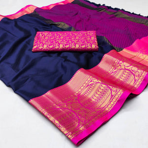 Navy Blue Woven Cotton Silk Saree With Tassels