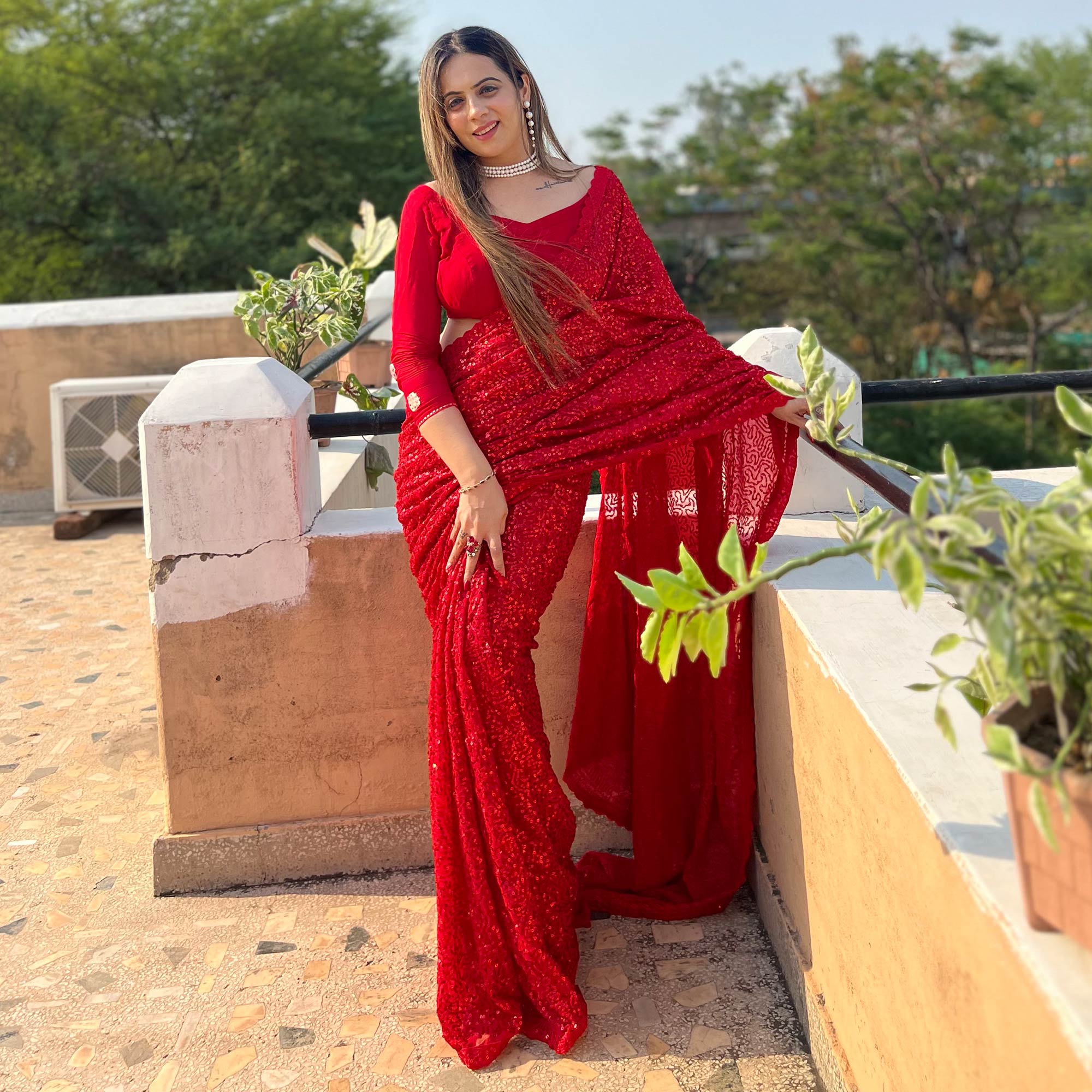 Red Sequins Embroidered Georgette Saree