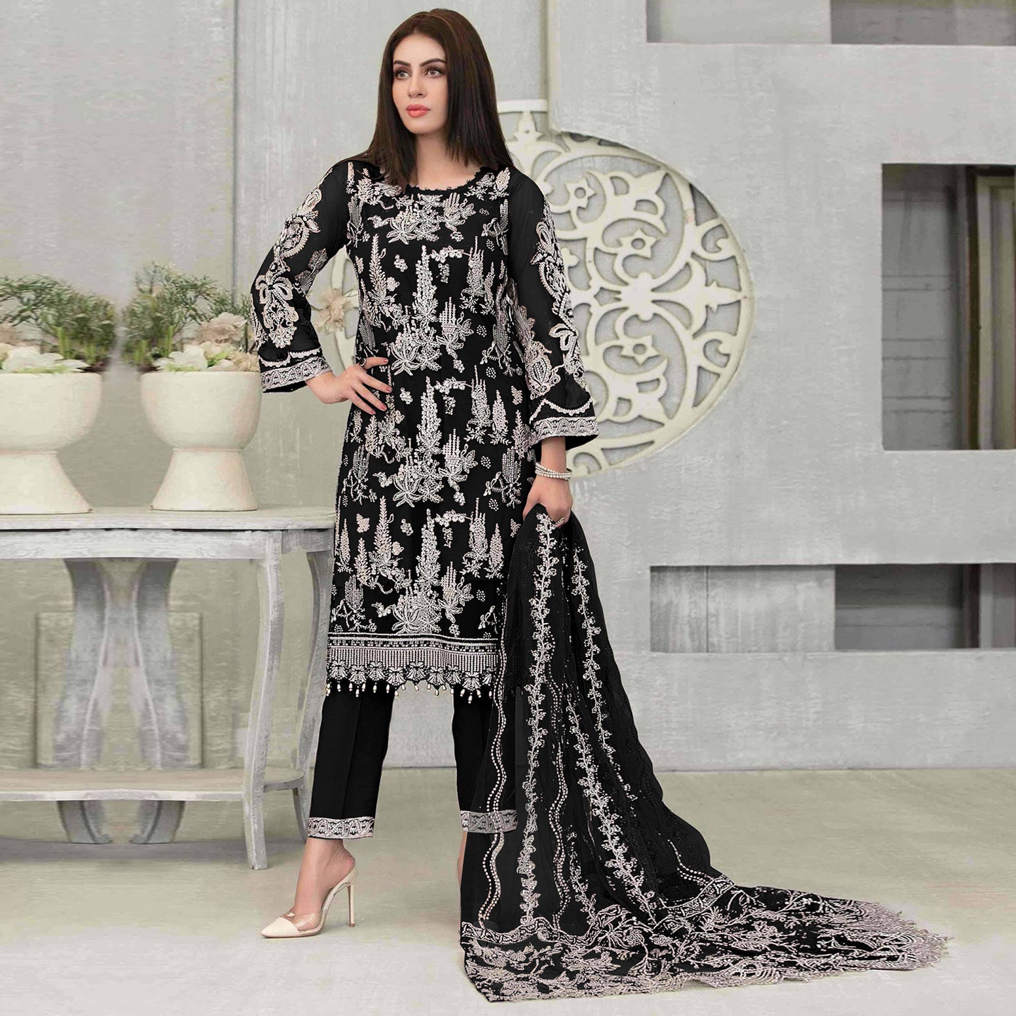 Black Floral Embroidered Georgette Pakistani Suit