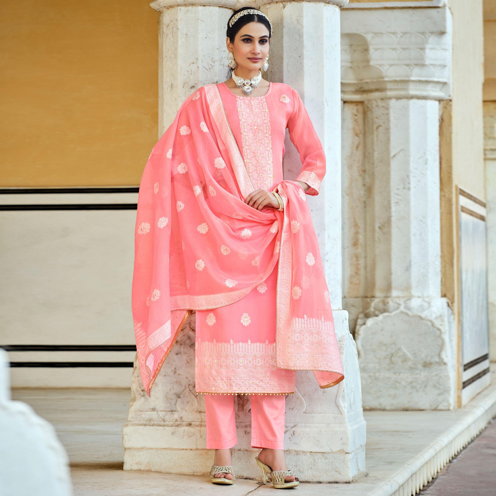 Pink Woven Pure Cotton Suit