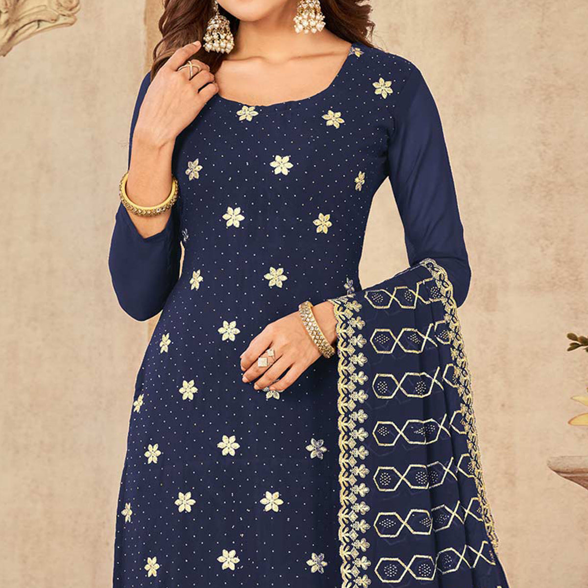 Navy Blue Embroidered Georgette Suit