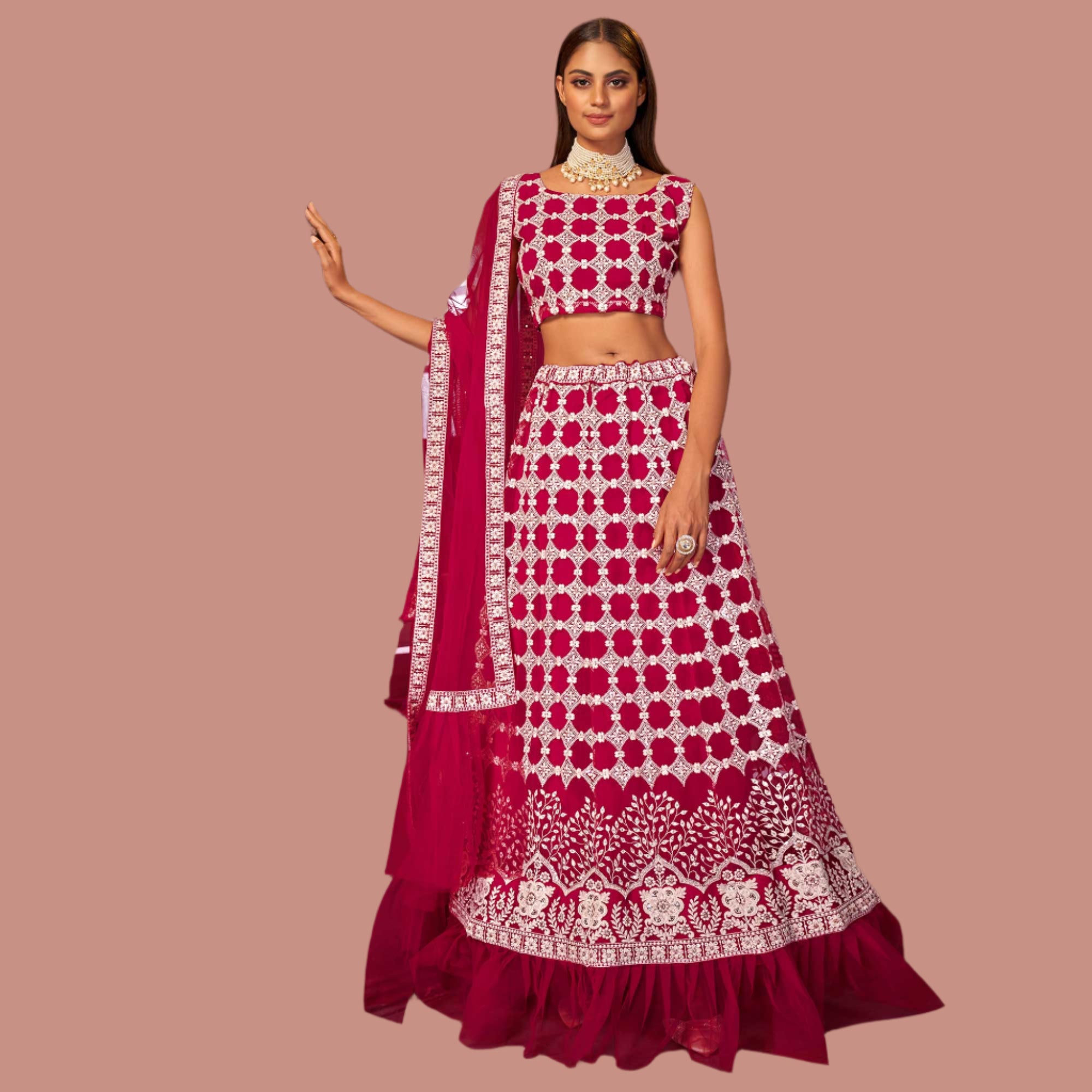 Rani Pink Floral Sequins Embroidered Net Lehenga Choli