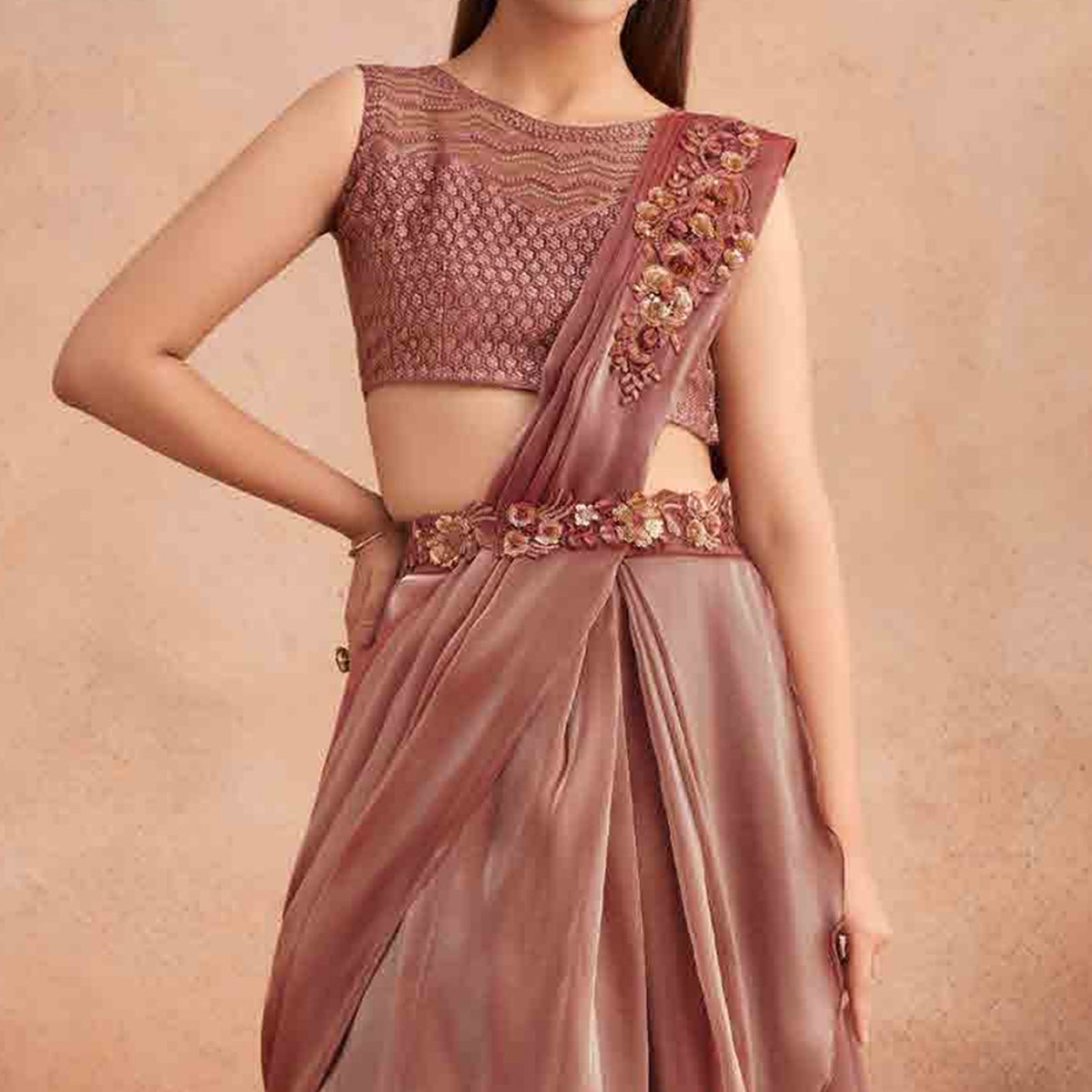 Salmon Pink Sequins Embroidered Ready to Wear Art Silk Saree