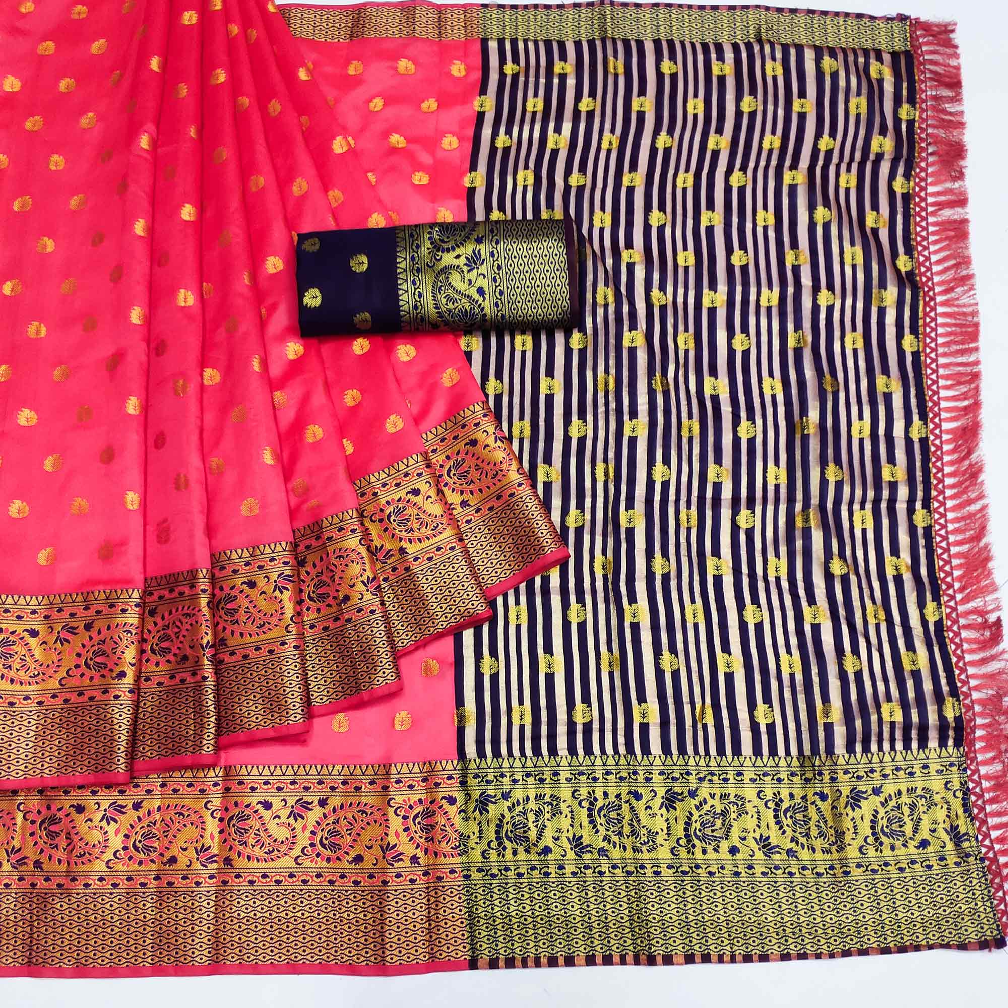 Pink Woven Jacquard Saree With Tassels