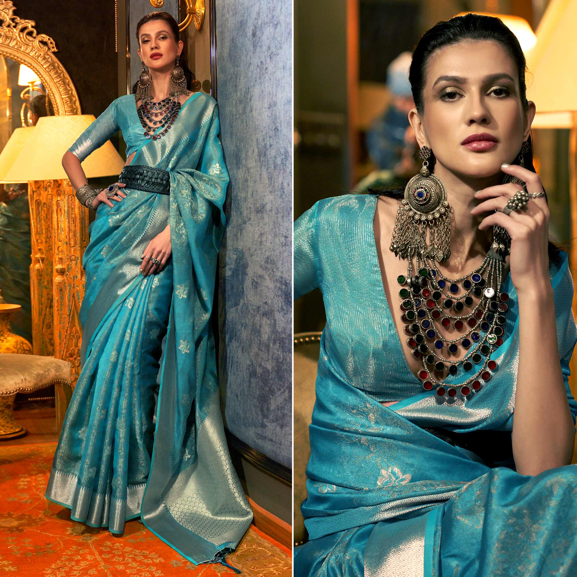 Aqua Blue Woven Organza Saree With Tassels