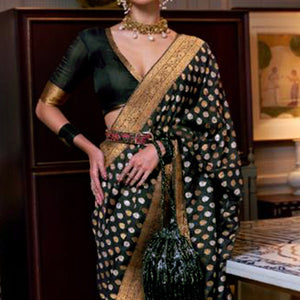 Black Woven Khadi Silk Saree With Tassels