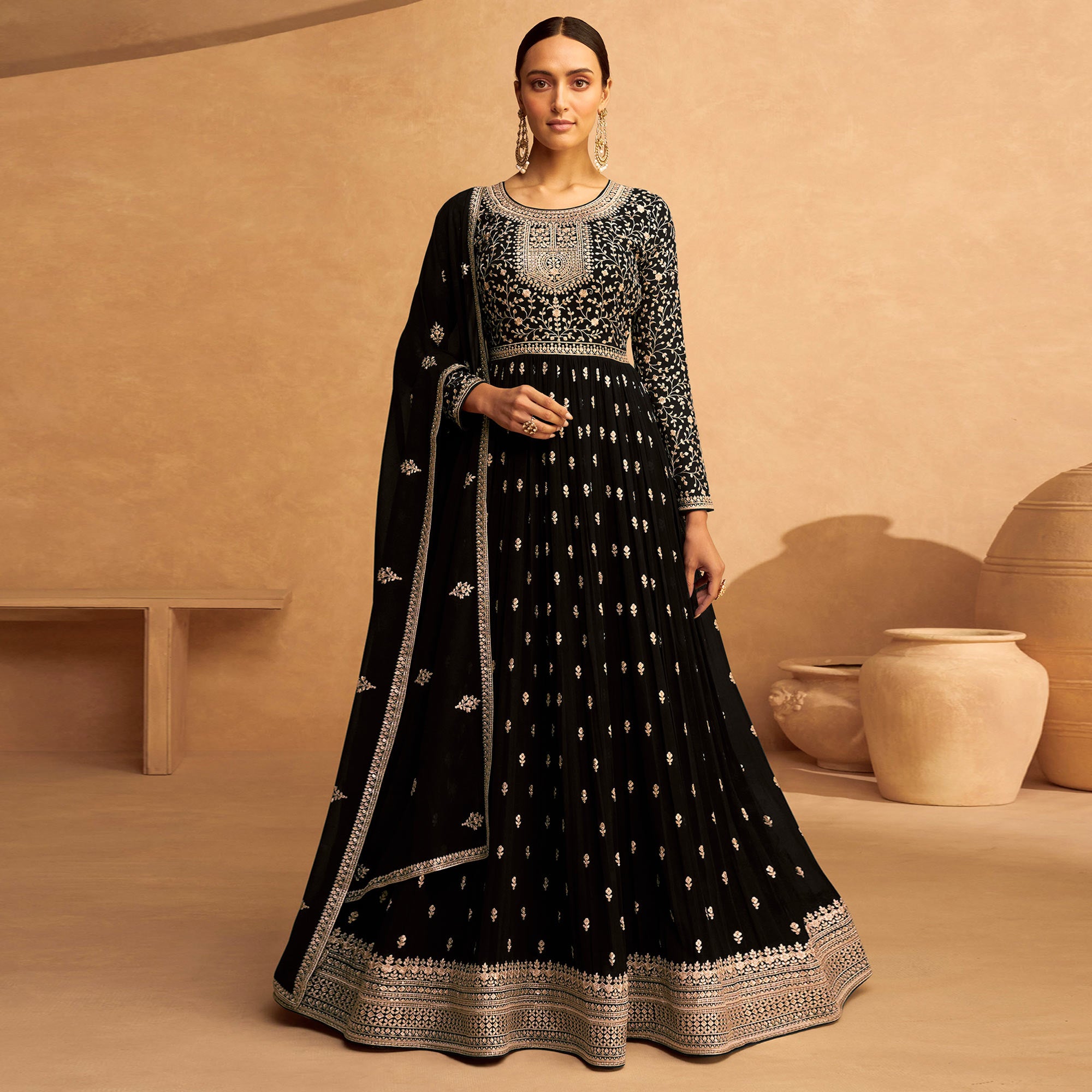 Black Floral Sequins Embroidered Georgette Semi Stitched Anarkali Suit