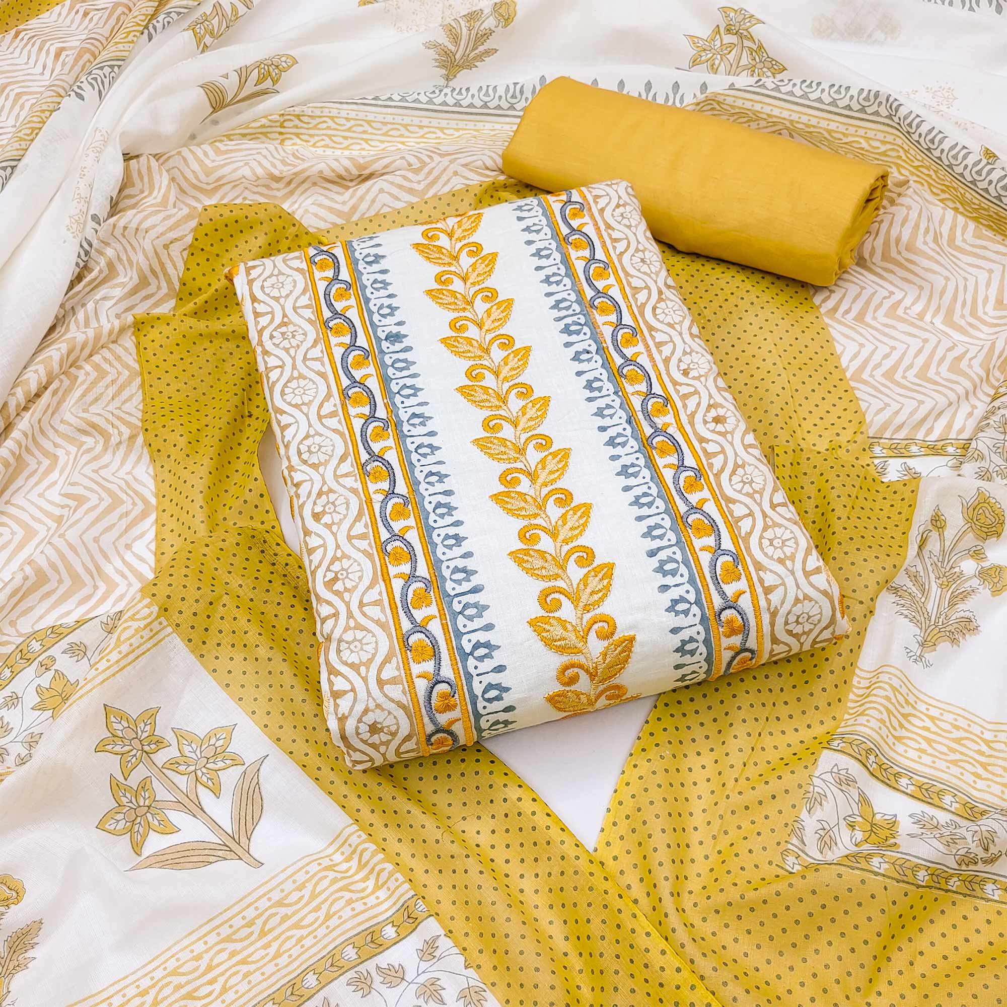 Yellow Floral Embroidered Pure Cotton Dress Material