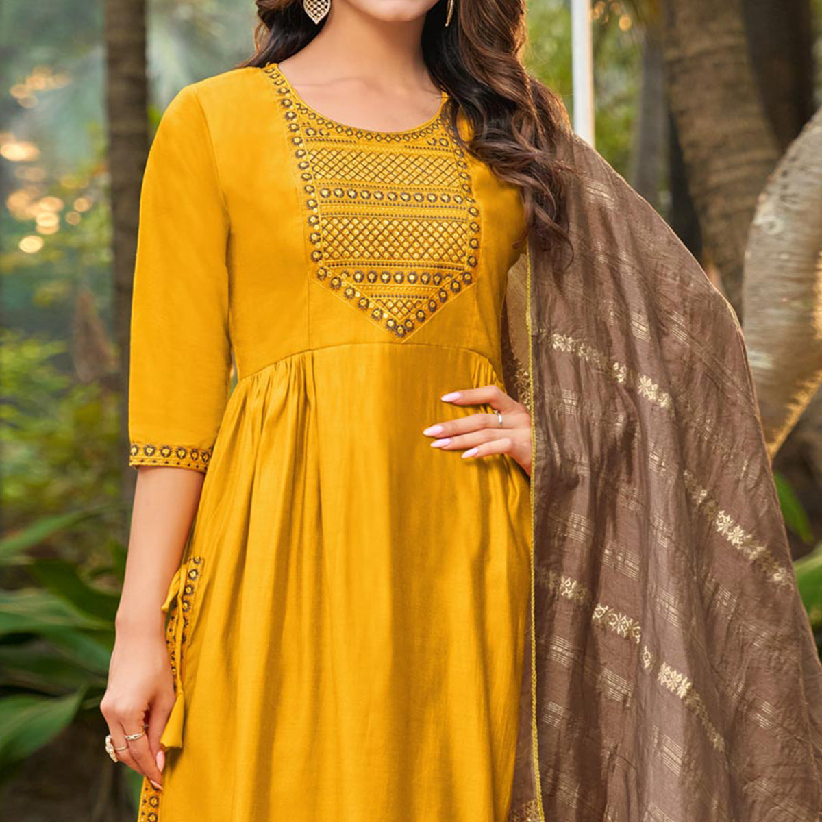 Mustard Floral Embroidered Pure Silk Naira Cut Suit