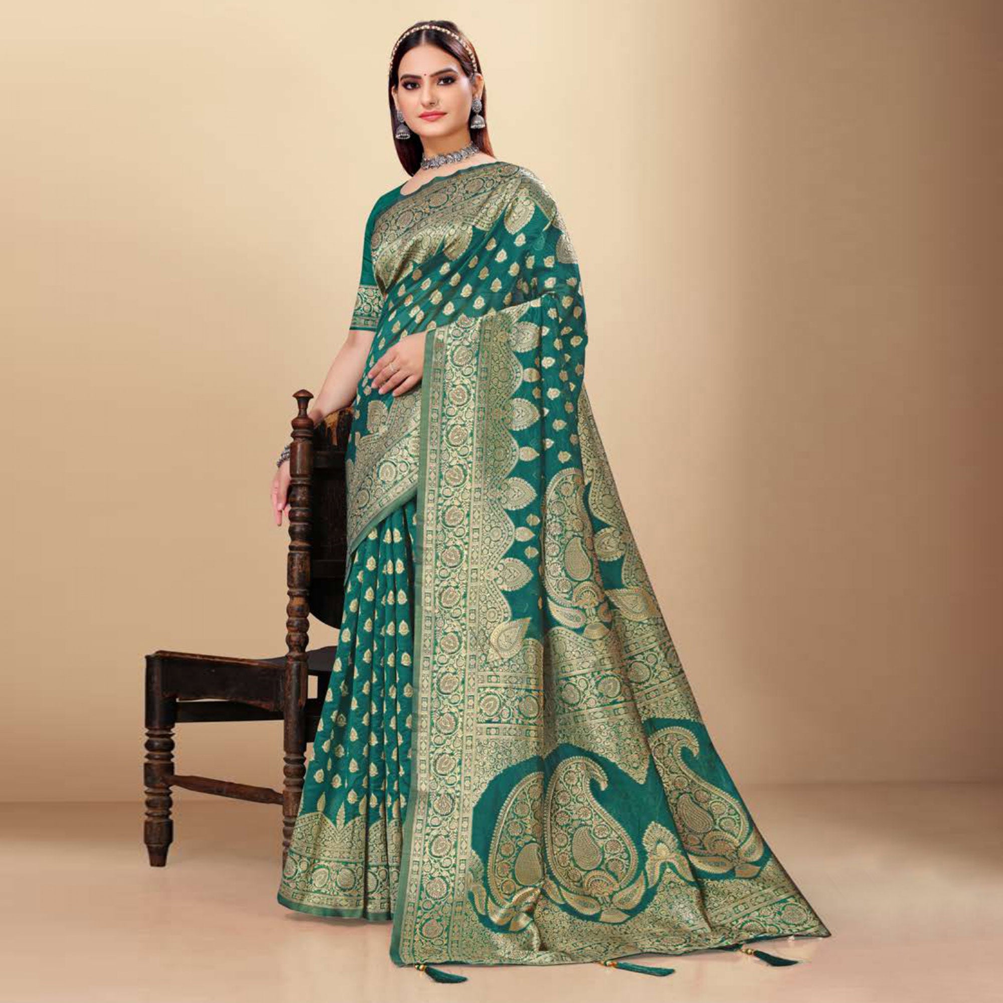 Green Woven Art Silk Saree With Tassels