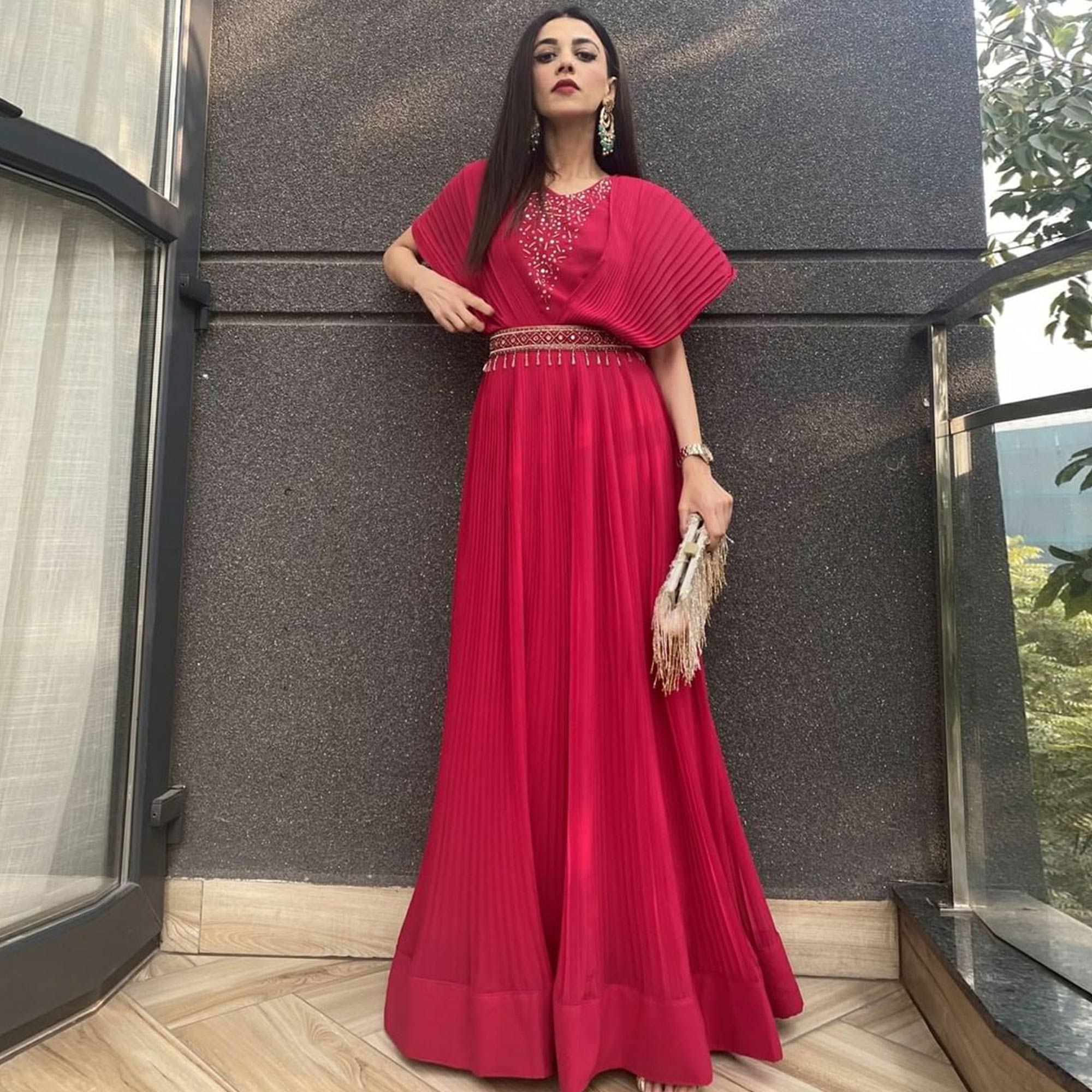 Pink Embellished Georgette Gown With Belt