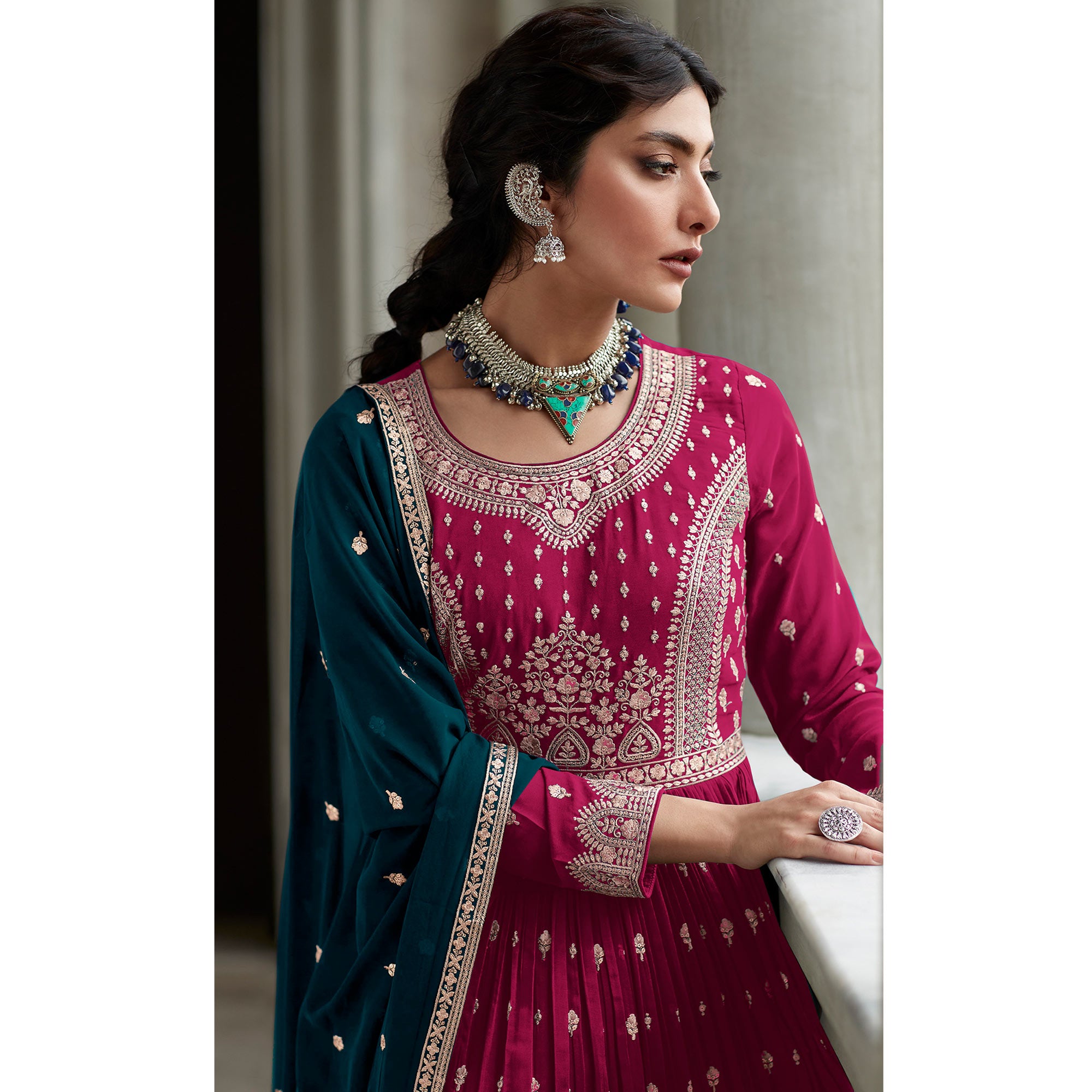 Pink Floral Embroidered Georgette Sharara Suit