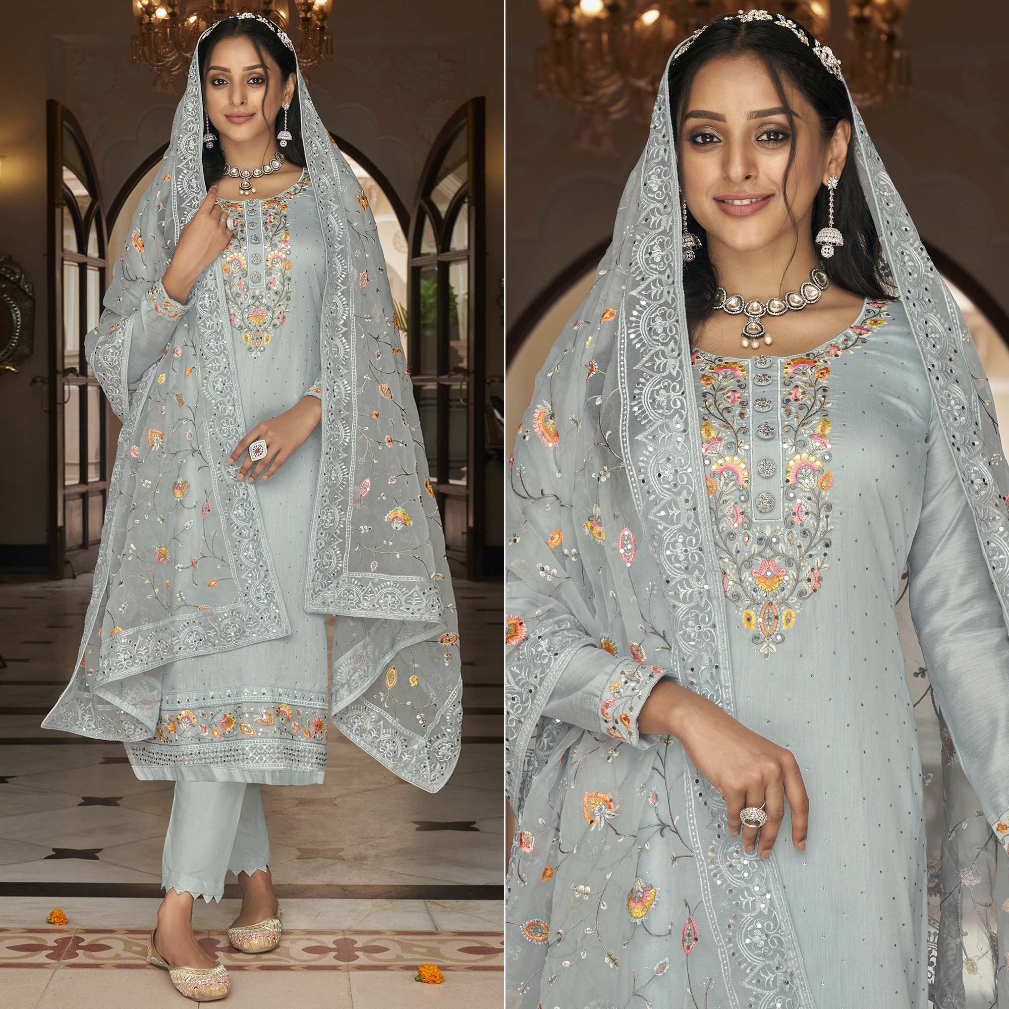 Grey Floral Embroidered Georgette Salwar Suit