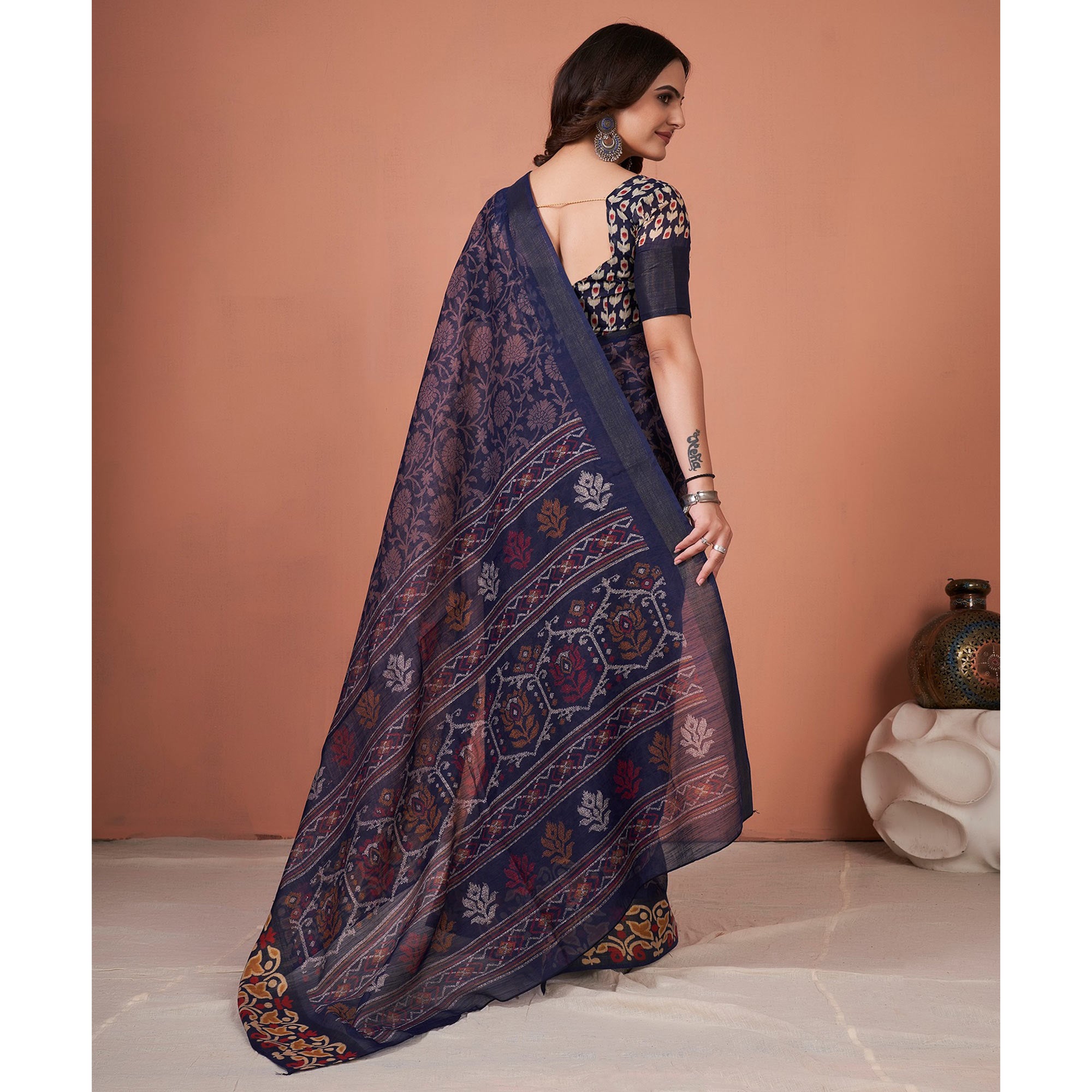 Navy Blue Floral Printed Cotton Saree With Tassels