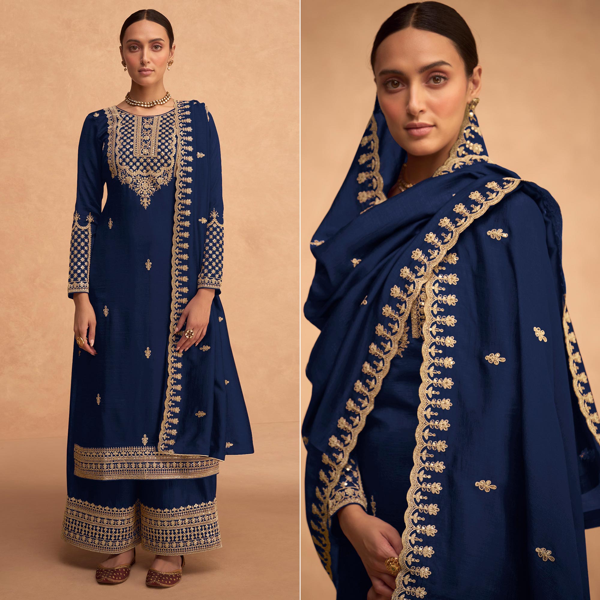 Blue Sequins Embroidered Georgette Palazzo Suit