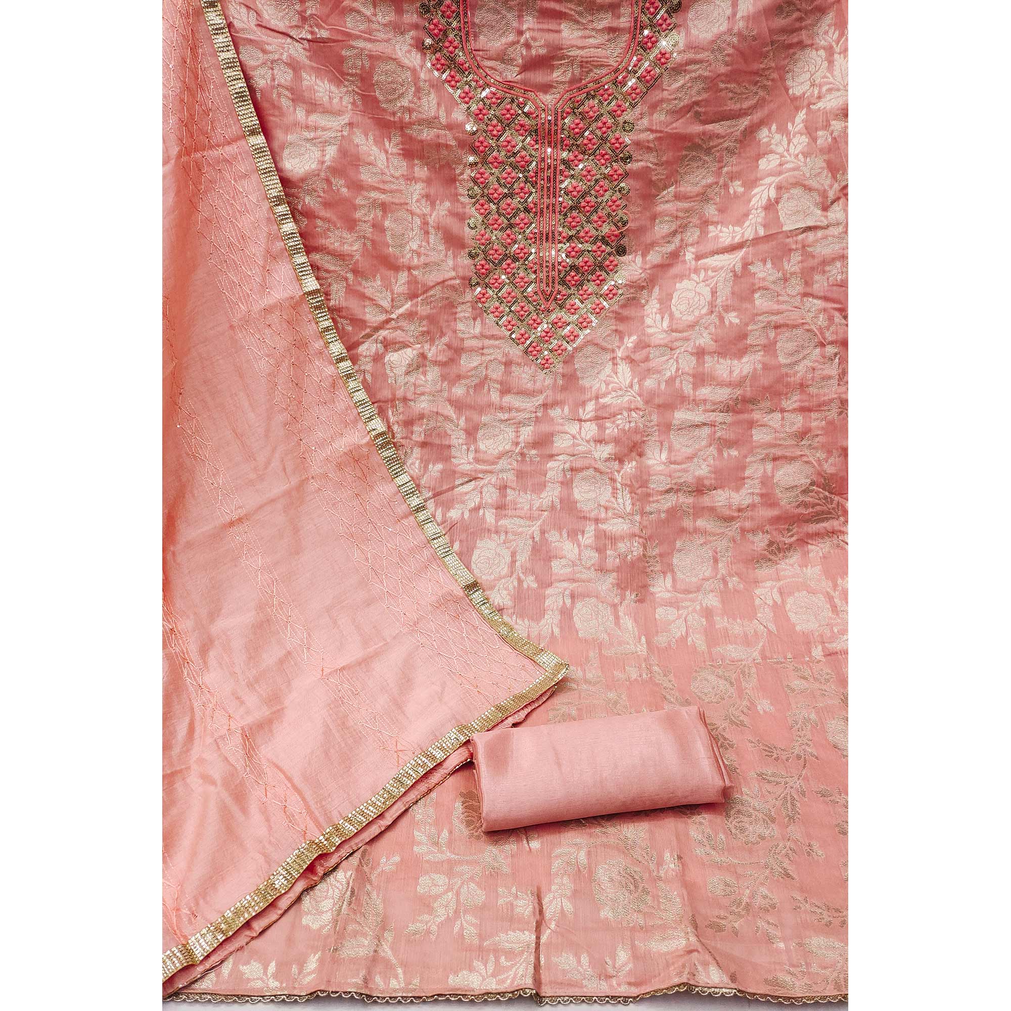 Peach Woven With Sequins Work Modal Dress Material