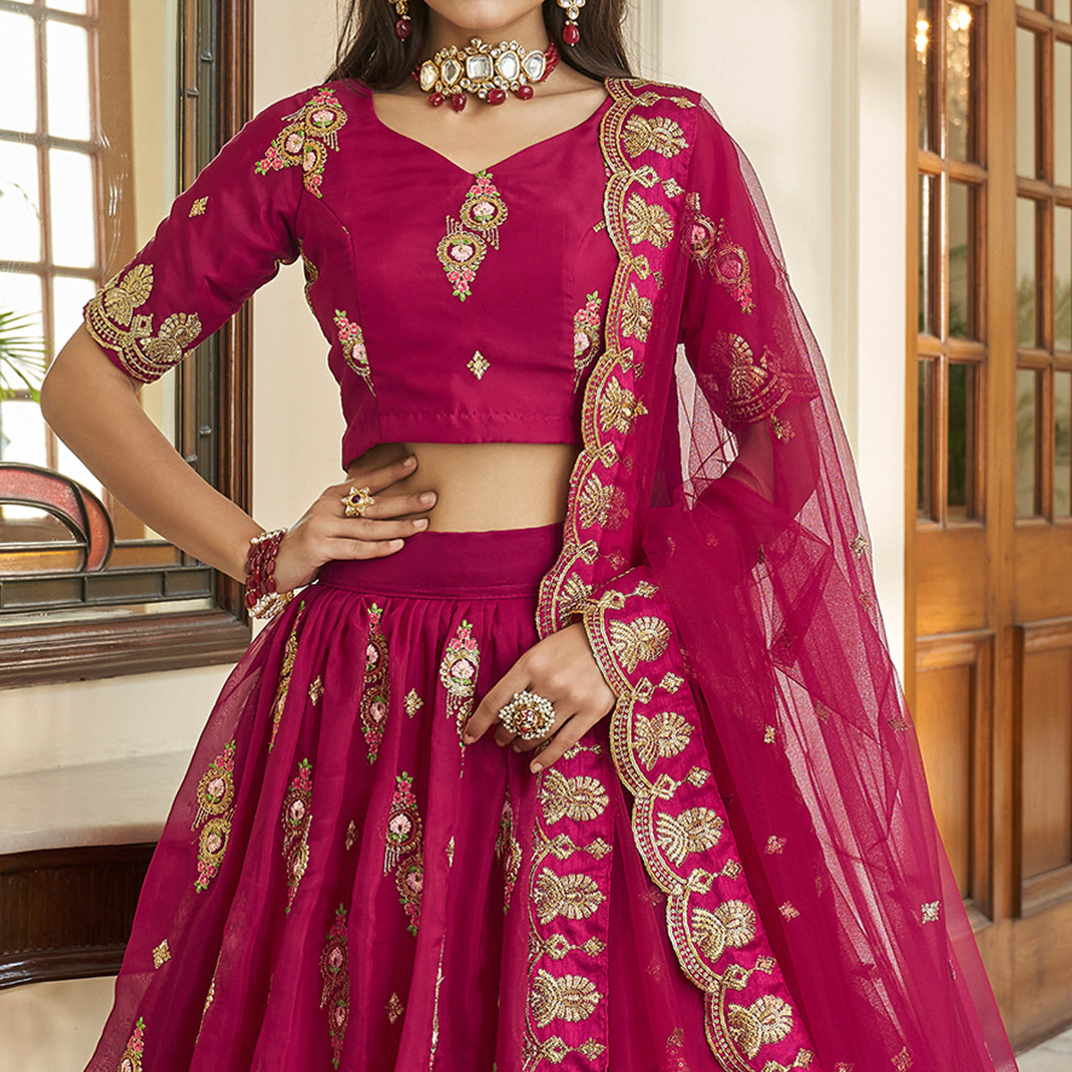 Rani Pink Sequins Embroidered Organza Lehenga Choli