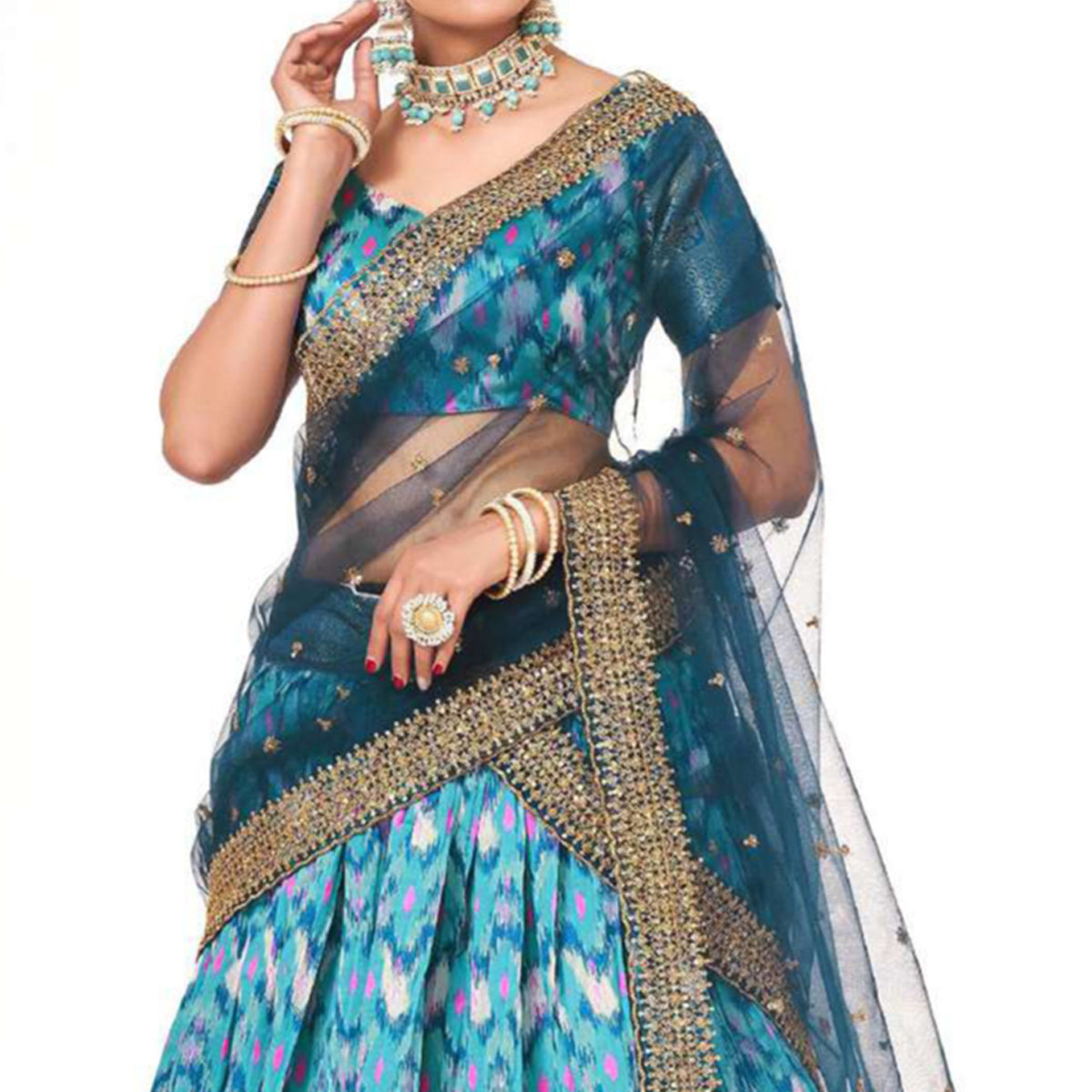 Firozi Blue Digital Printed With Zari Work Art Silk Lehenga Choli