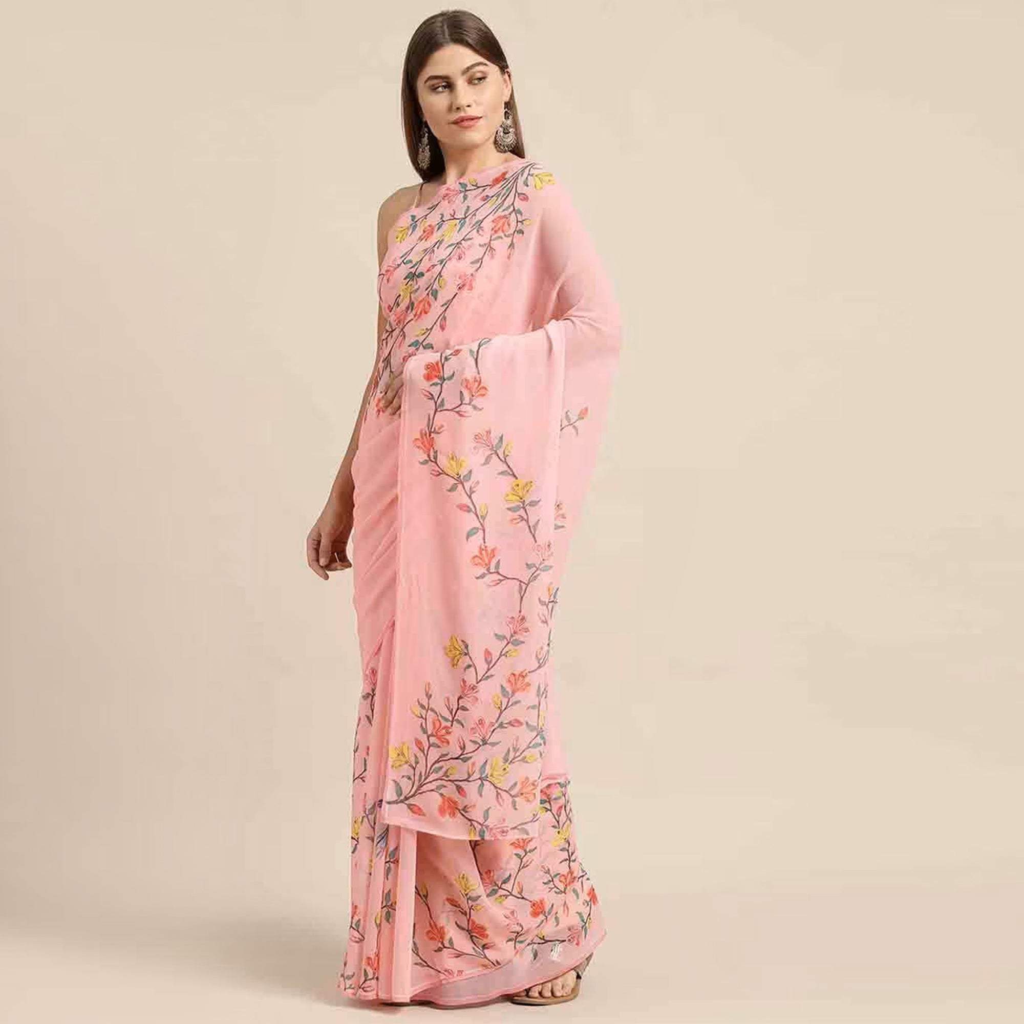 Pink Floral Digital Printed Georgette Saree