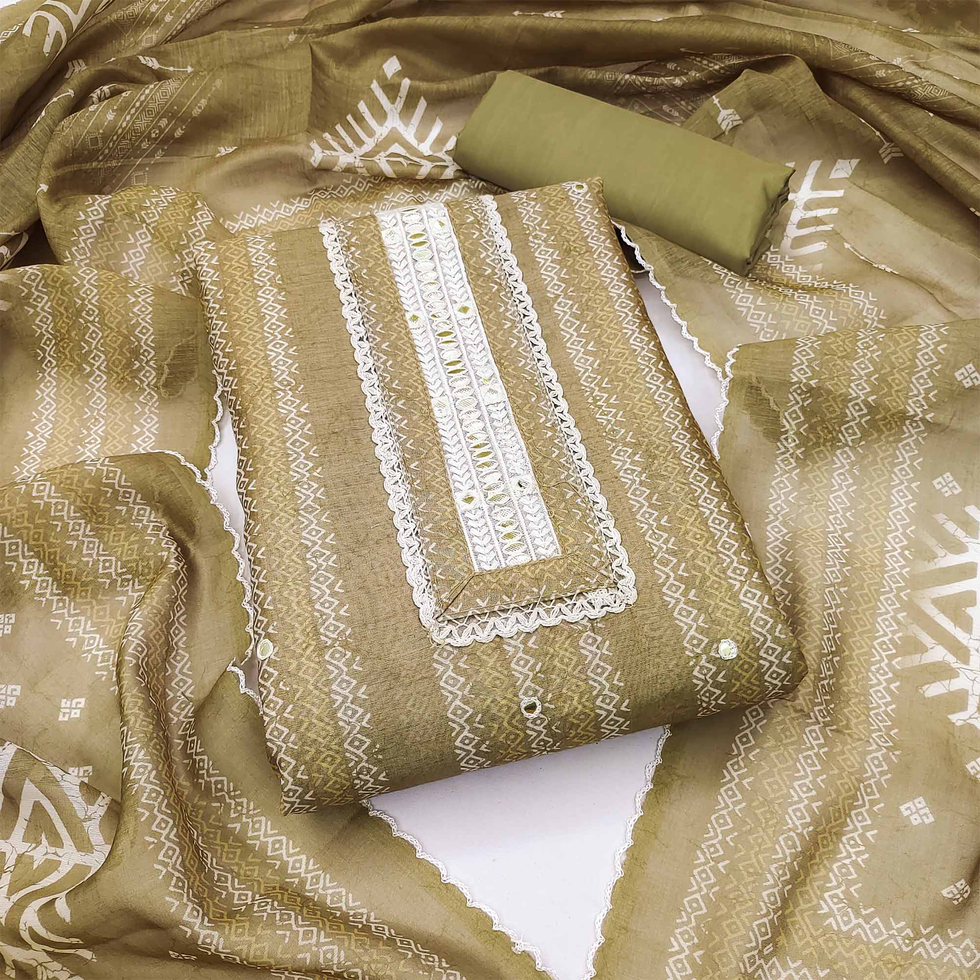 Mehendi Green Digital Printed With Embroidered Chanderi Dress Material