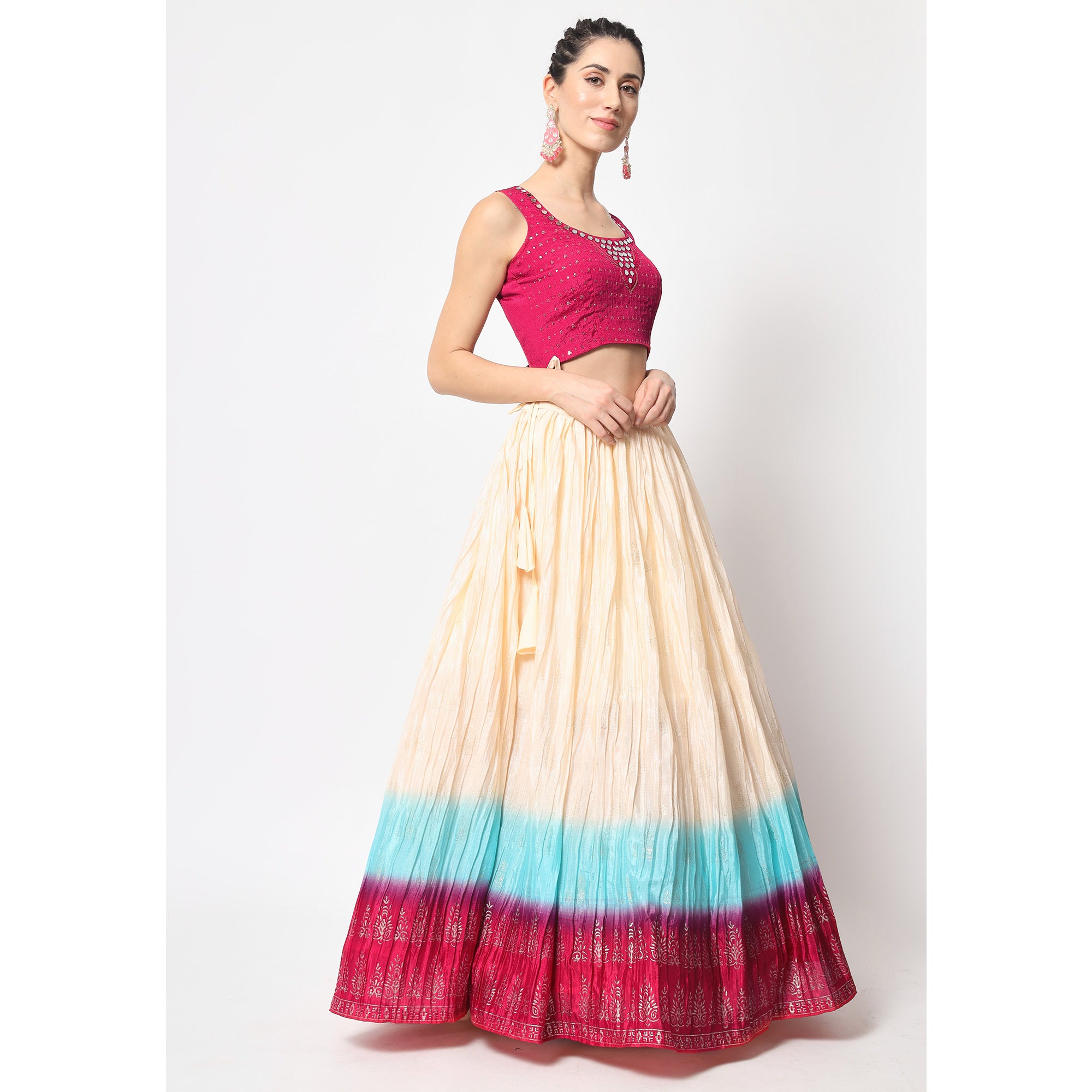 Cream Foil Printed Chiffon Lehenga Choli