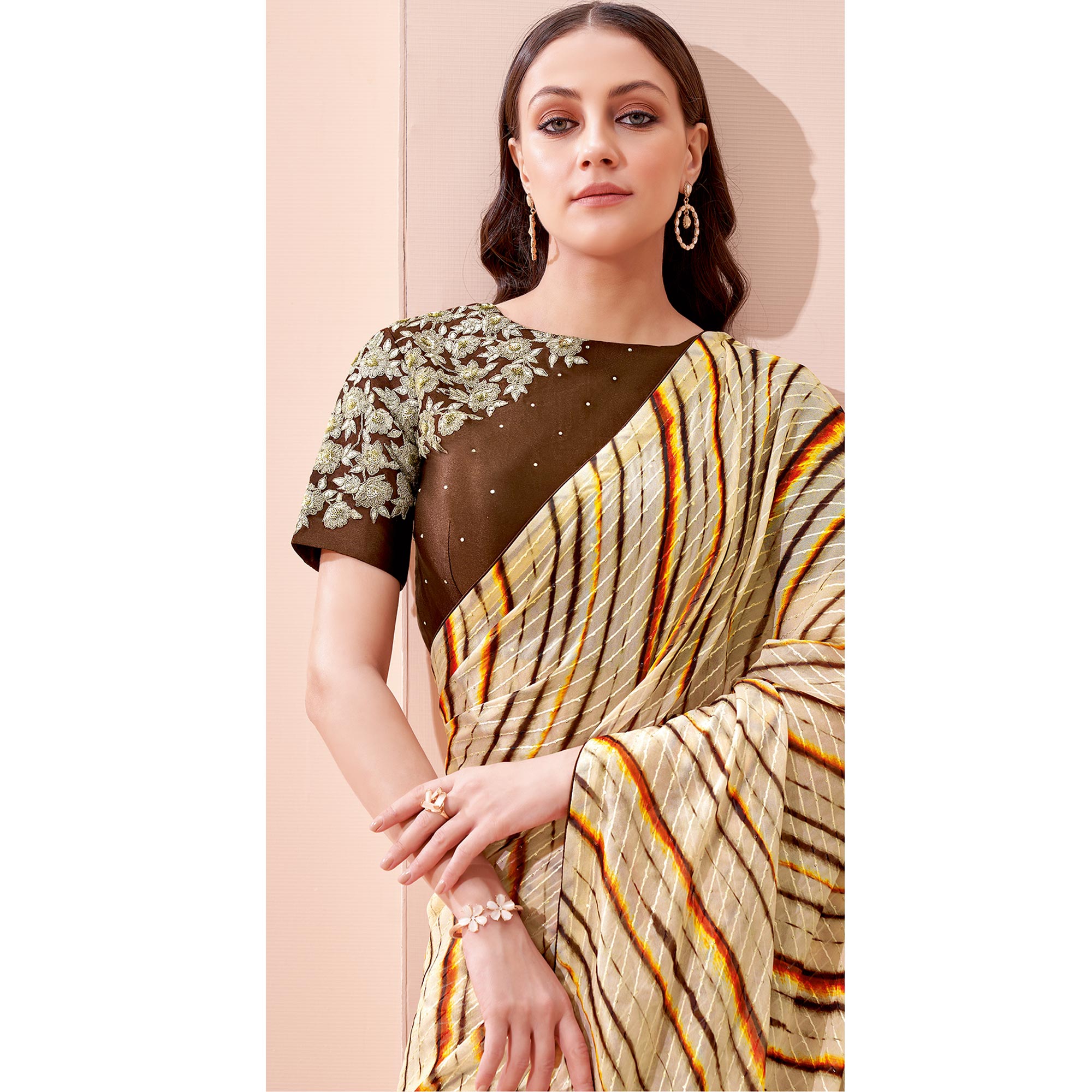 Cream Printed With Embroidered Georgette Saree