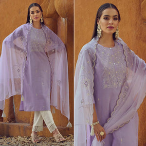 Light Purple Kantha Embroidered Linen Salwar Suit