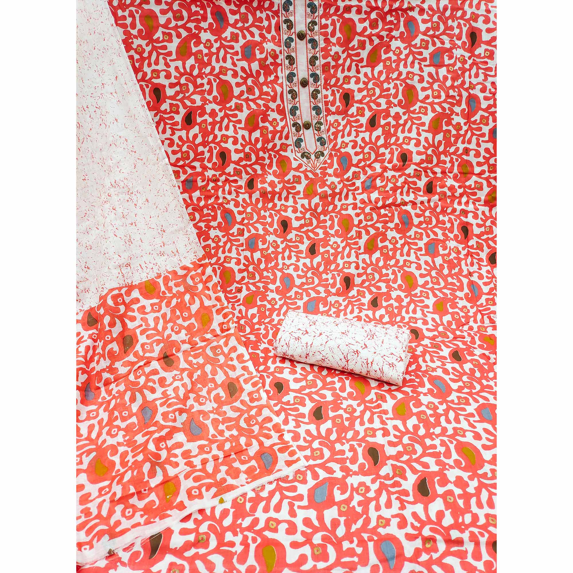 Orange Printed Cotton Dress Material