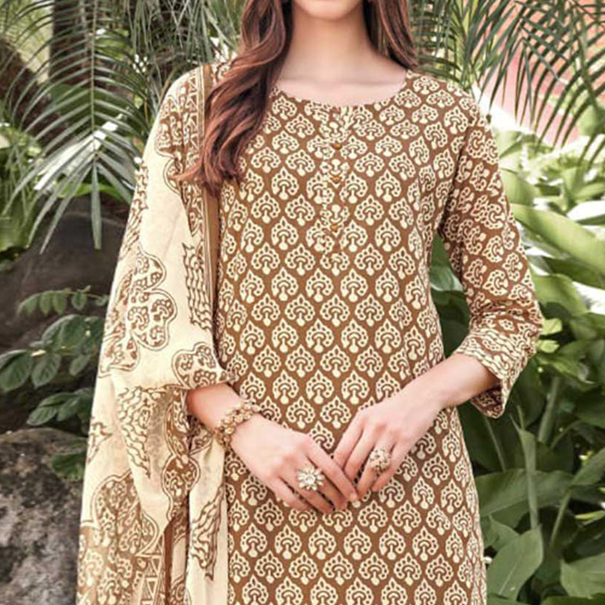 Brown Floral Printed Cotton Blend Suit