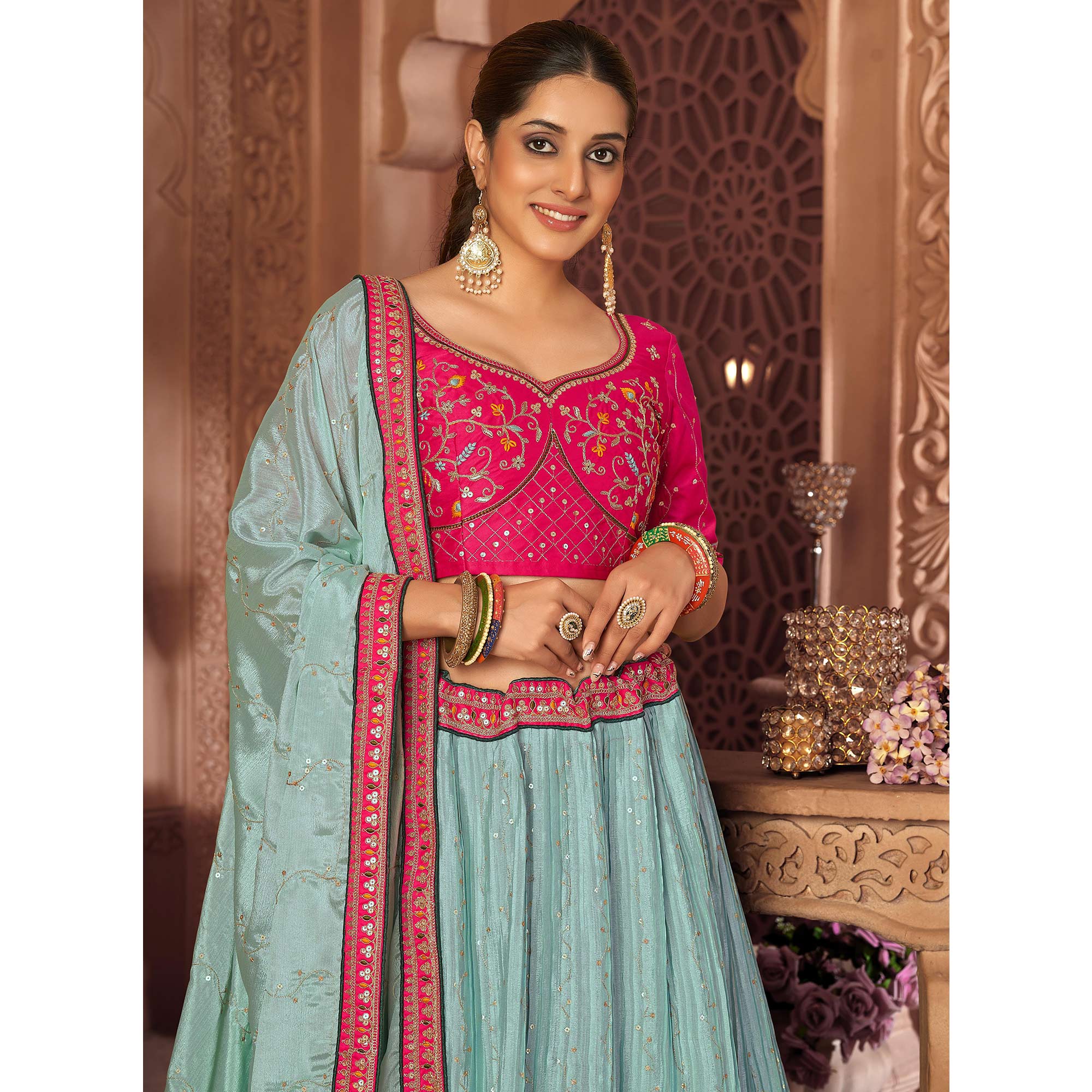 Sky Blue Sequins Embroidered Chiffon Lehenga Choli