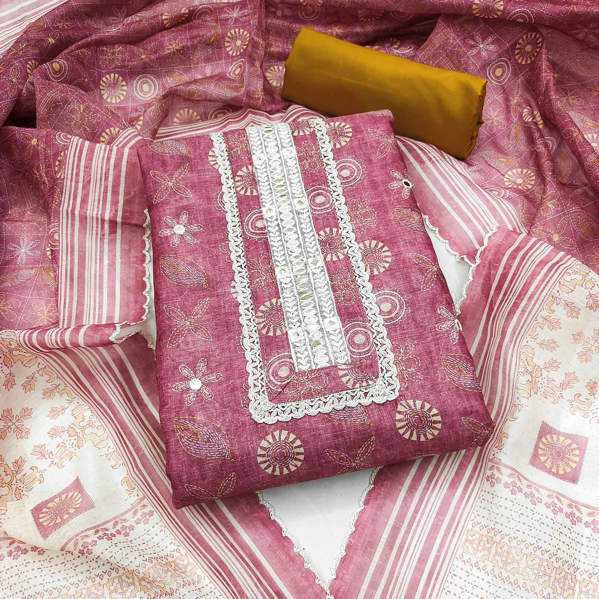 Pink Embroidered With Digital Printed Chanderi Dress Material