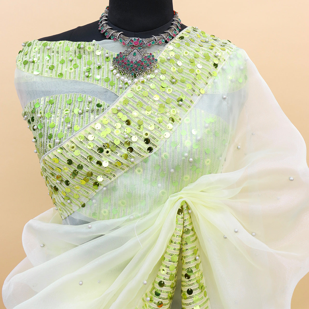 White Sequins Embroidered Organza Saree