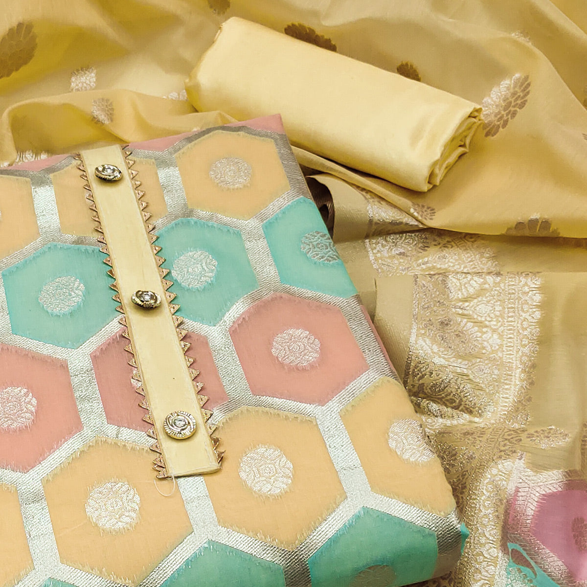 Yellow Woven Banarasi Silk Dress Material