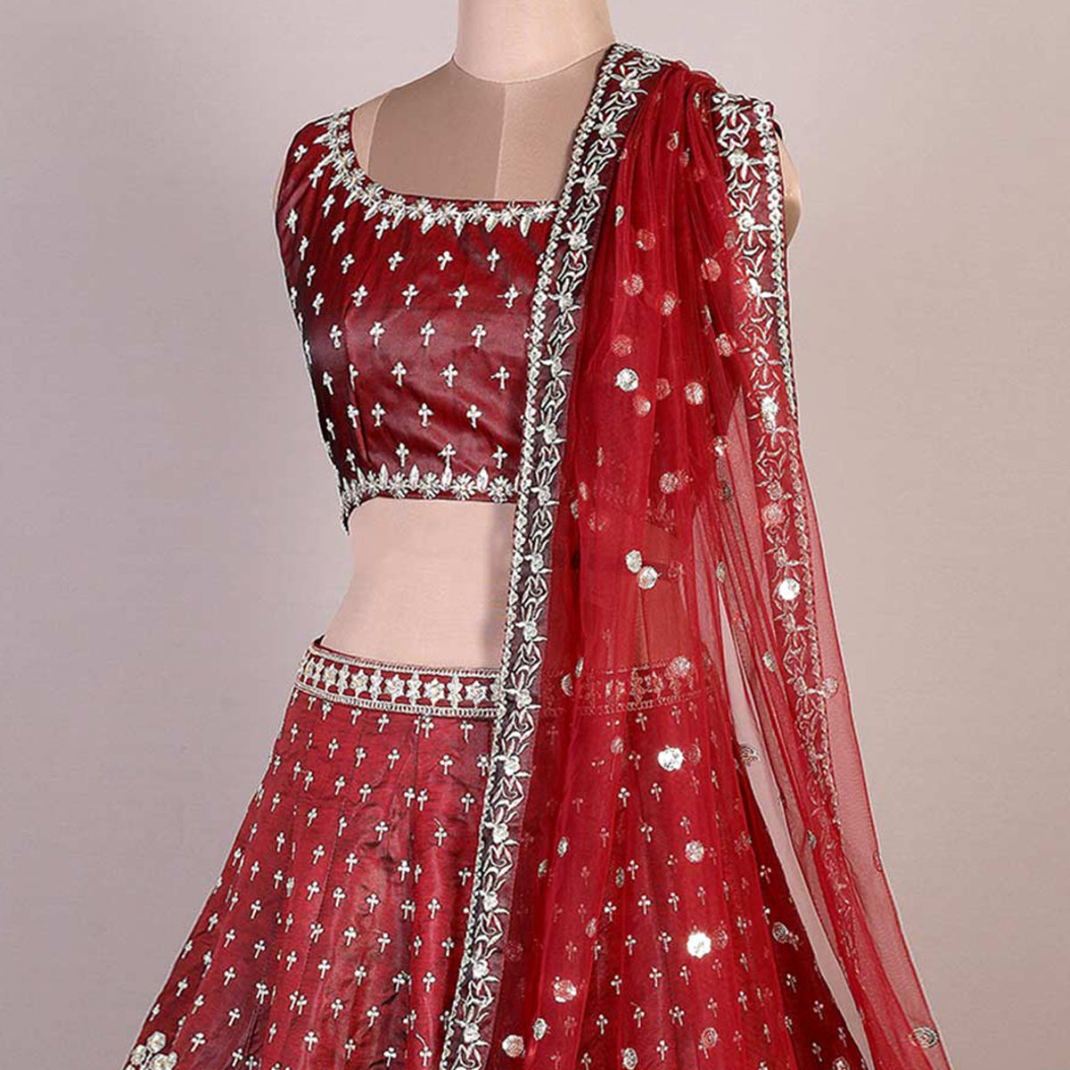 Maroon Embroidered Satin Lehenga Choli