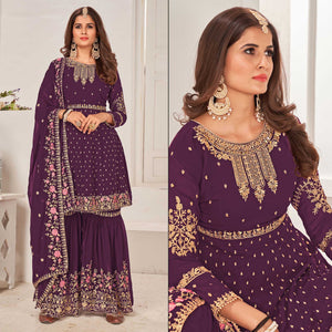 Purple Sequins Embroidered Georgette Sharara Suit
