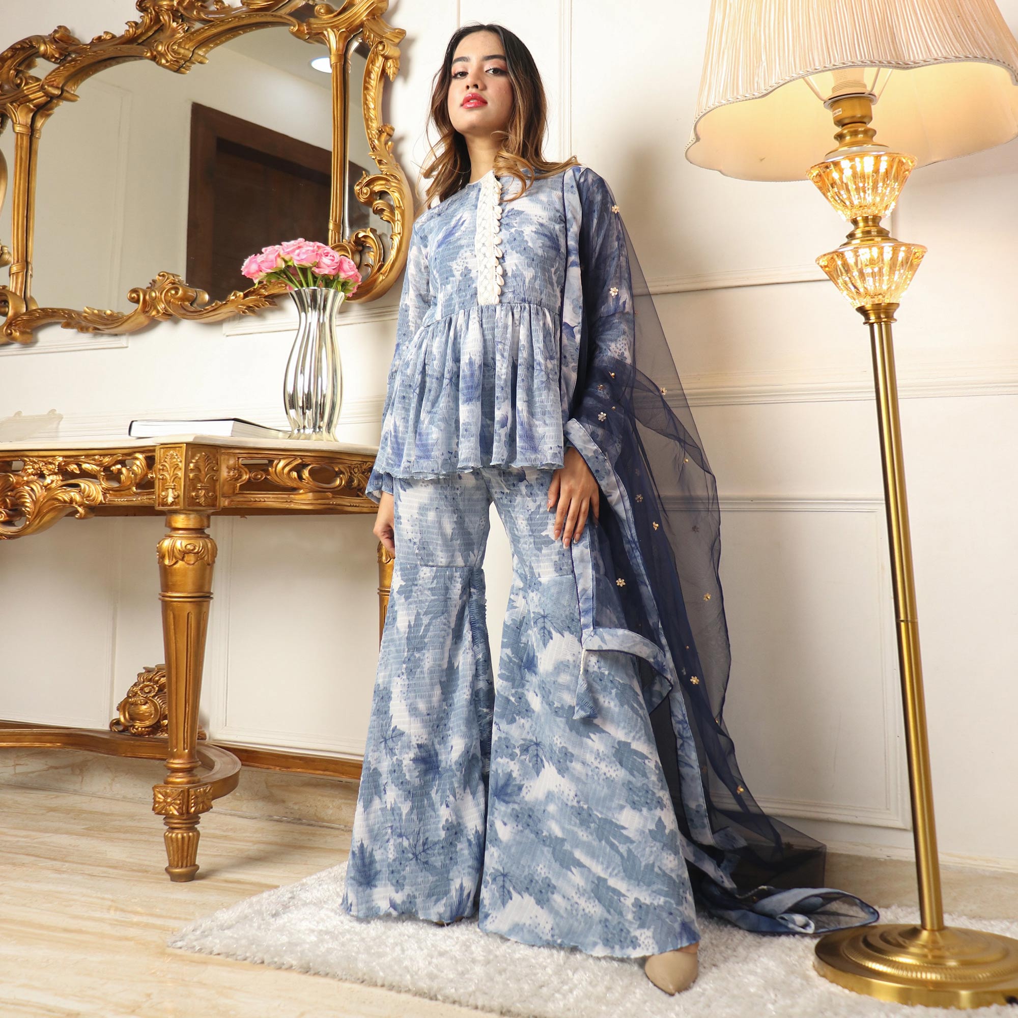 Grey Floral Printed Georgette Sharara Suit