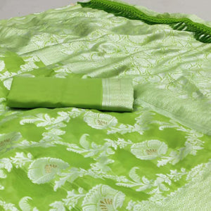 Green Woven Cotton Blend Saree With Tassels