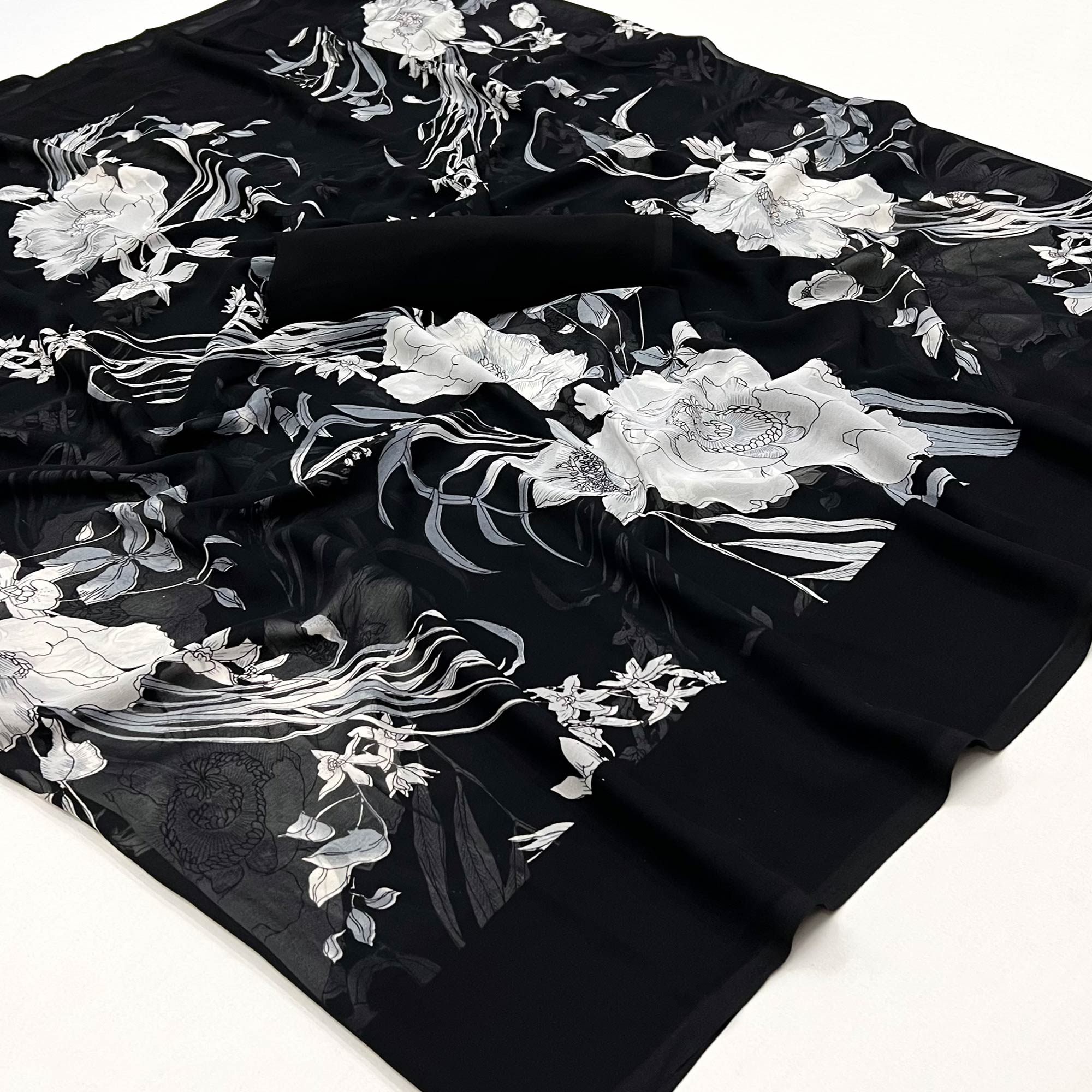 Black And White Floral Printed Georgette Saree