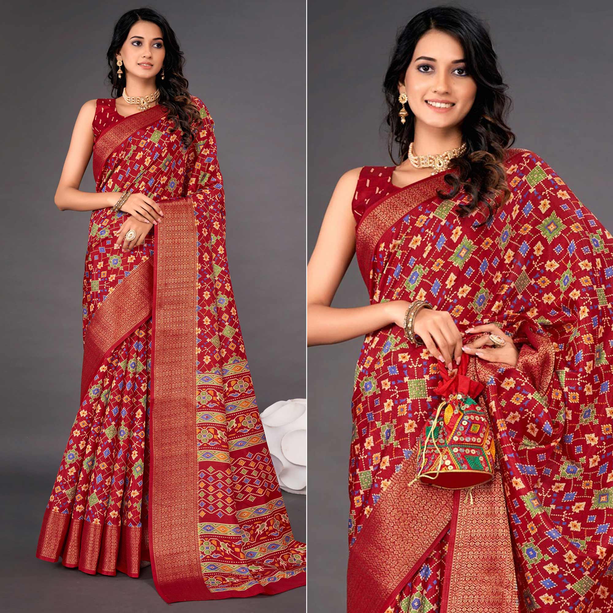 Red Printed Dola Silk Saree