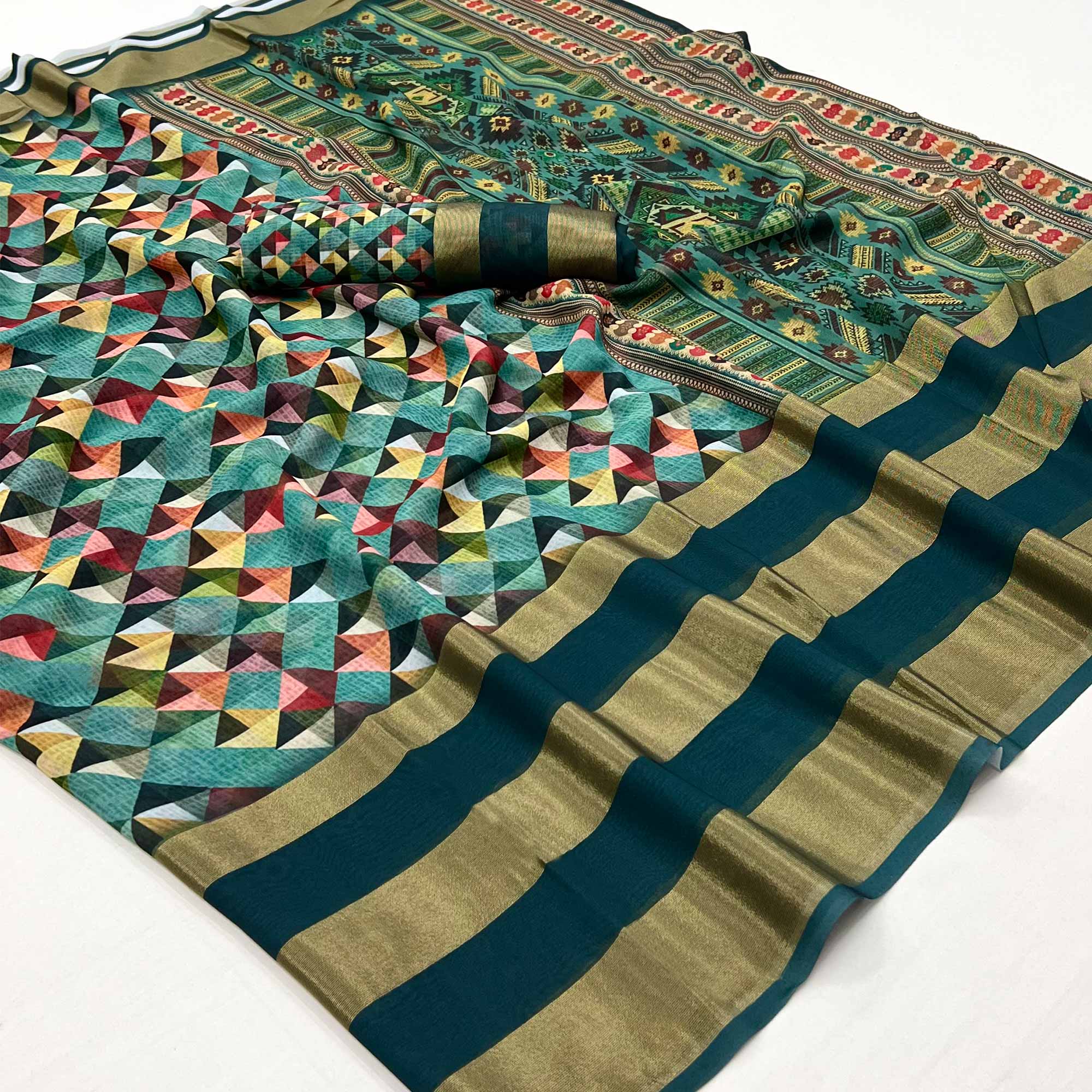 Firozi Blue Digital Printed Viscose Saree