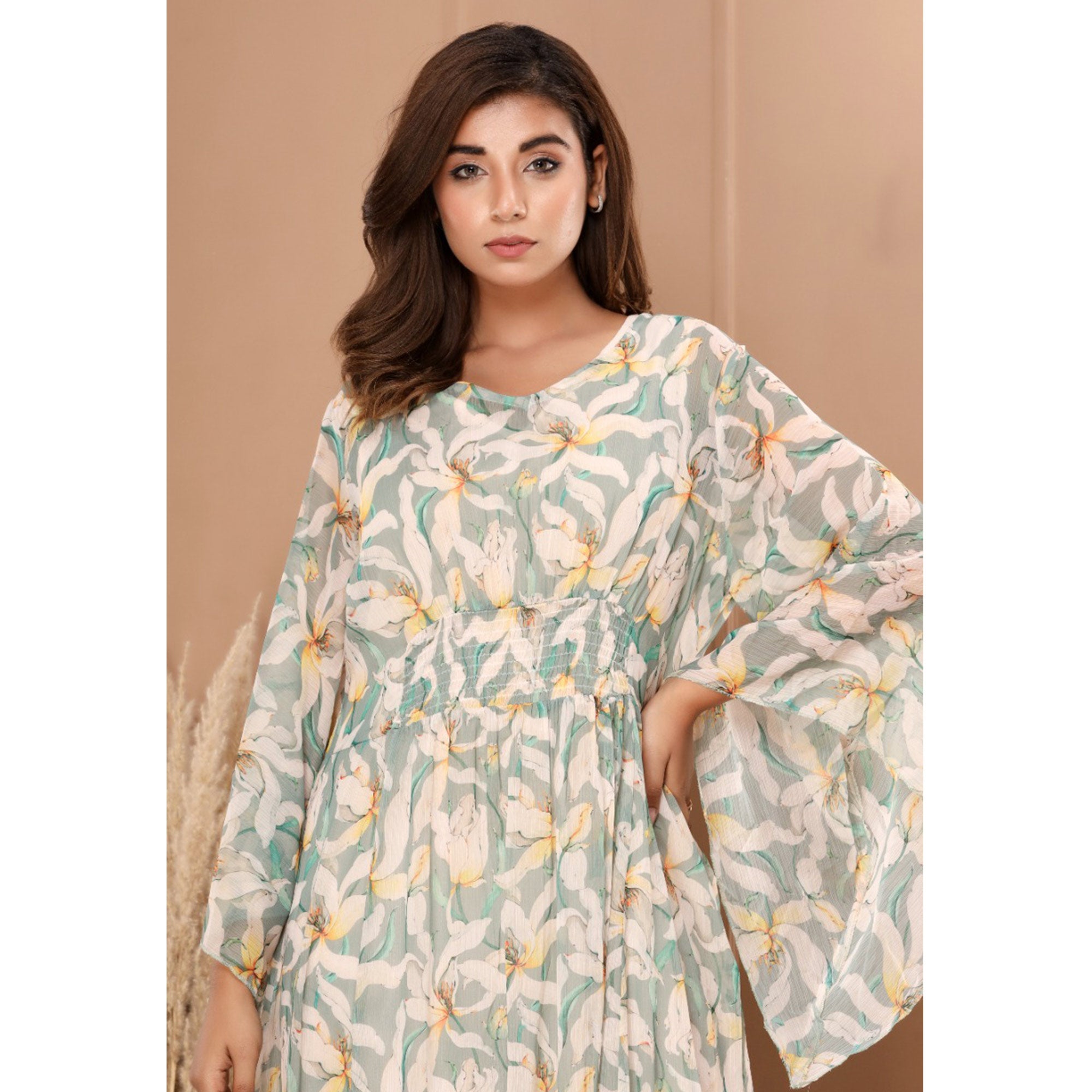 Green Floral Printed Chiffon Dress