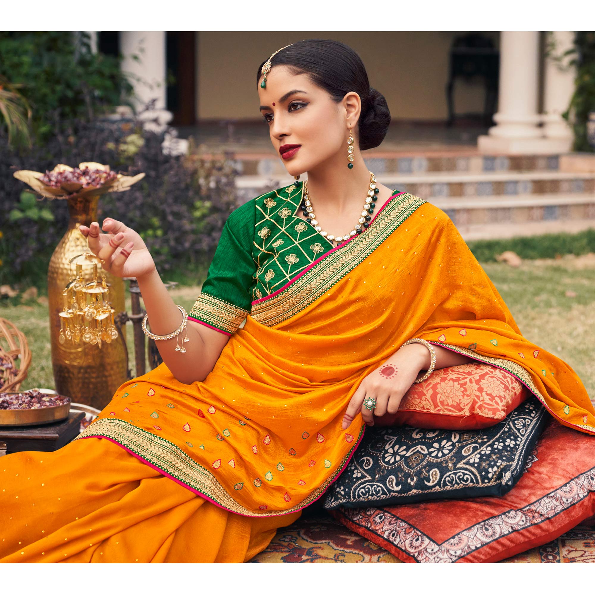 Orange Embroidered With Stone Work Vichitra Silk Saree