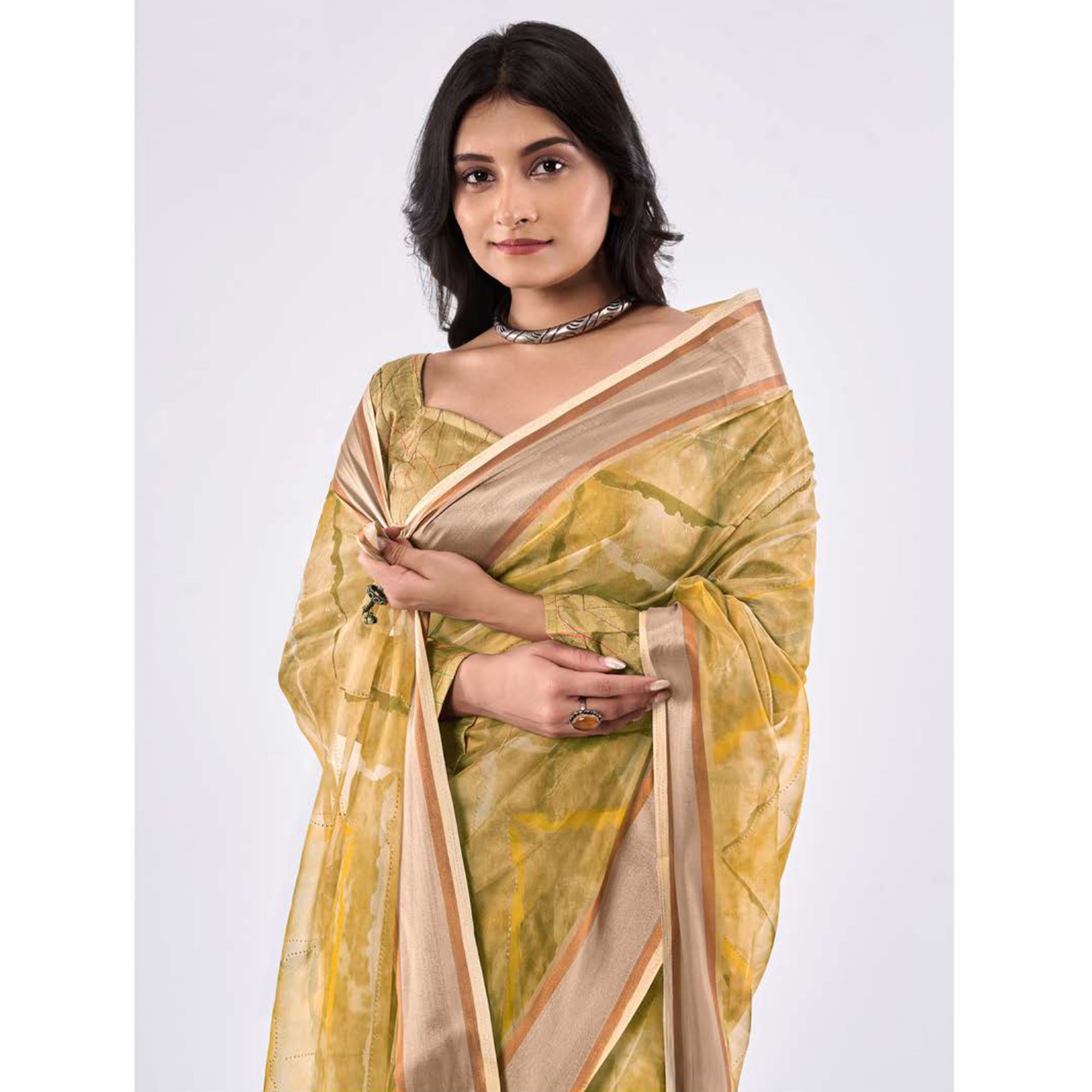 Mustard Printed Organza Saree With Woven Border
