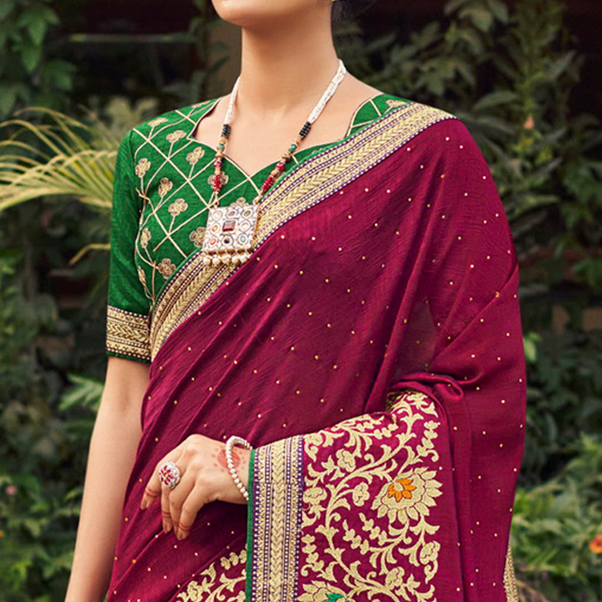 Purple Embroidered With Stone Work Vichitra Silk Saree